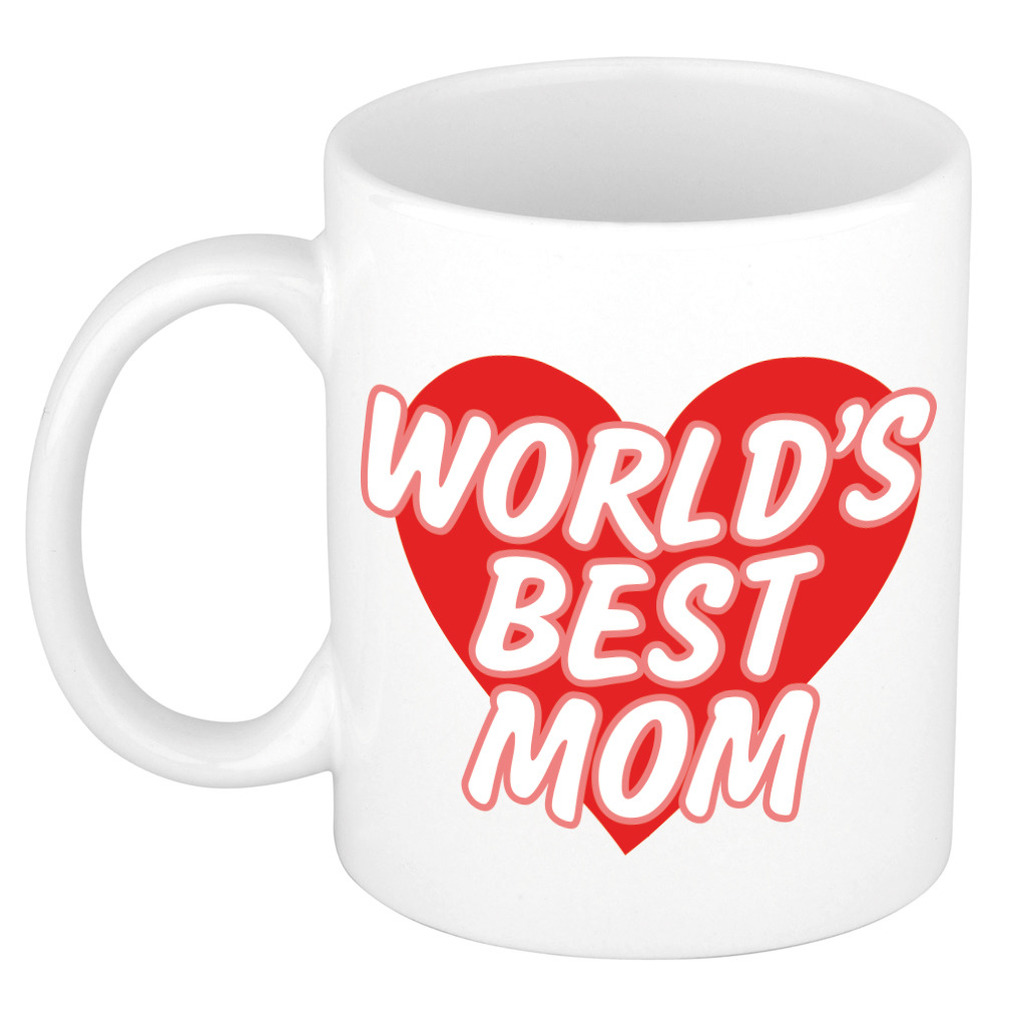 Worlds best mom kado mok / beker wit met rood hart - Moederdag / verjaardag -