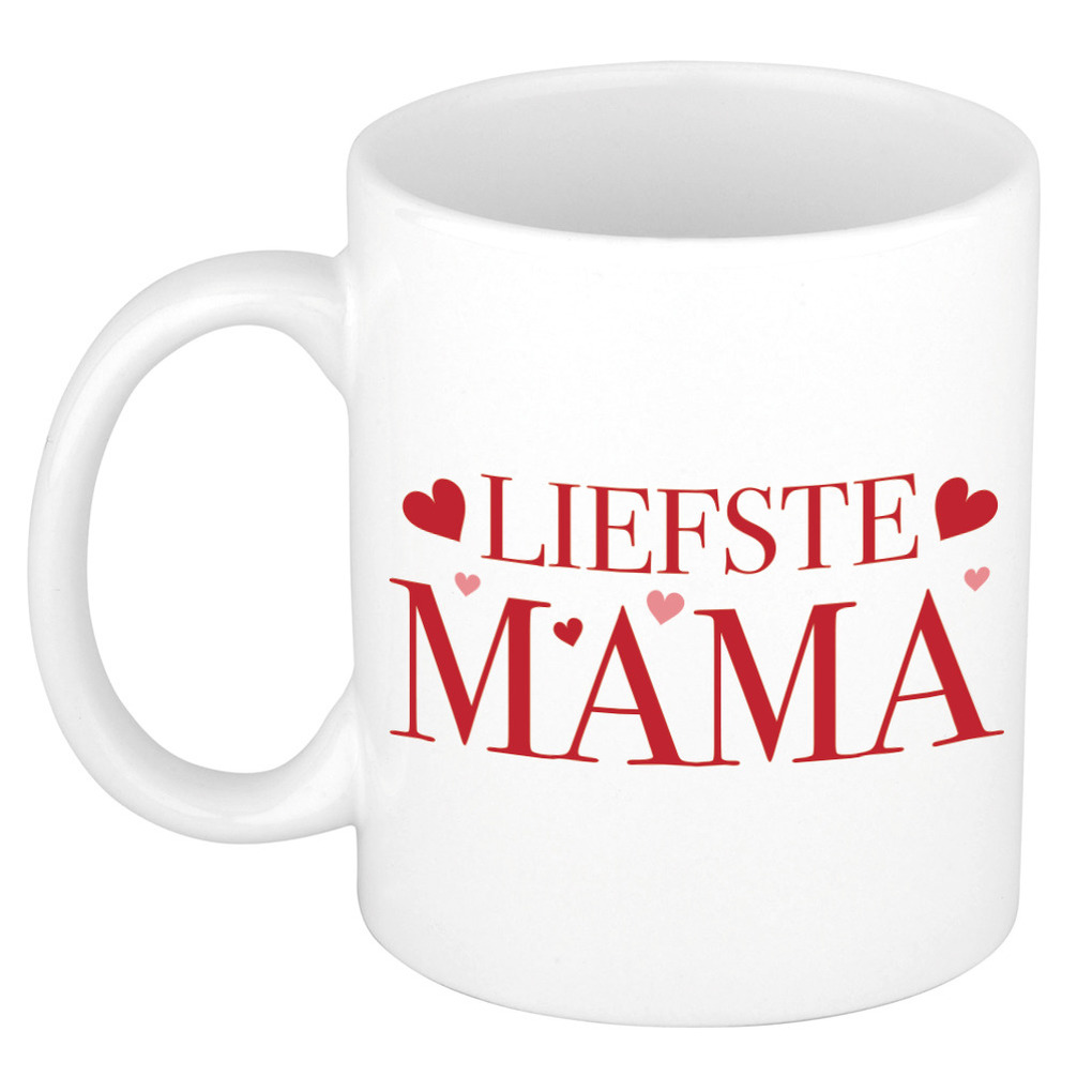 Liefste mama kado mok / beker met rode tekst en hartjes voor Moederdag / verjaardag -
