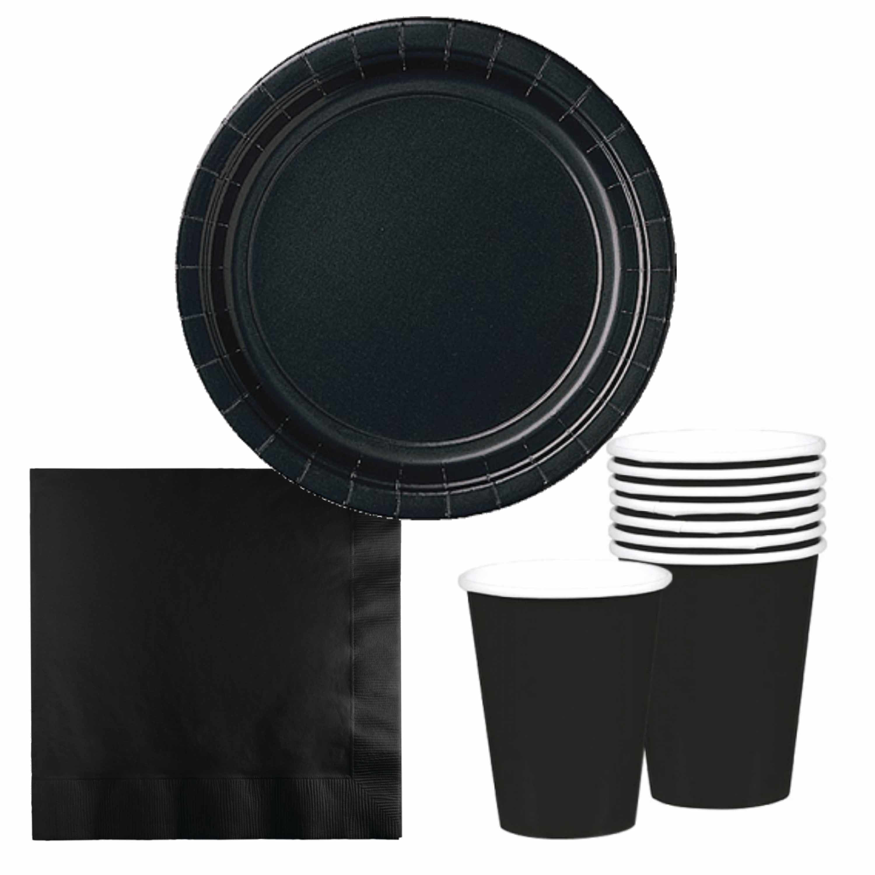 Tafel dekken feestartikelen kleur zwart 16x bordjes/16x drink bekers/20x servetten -