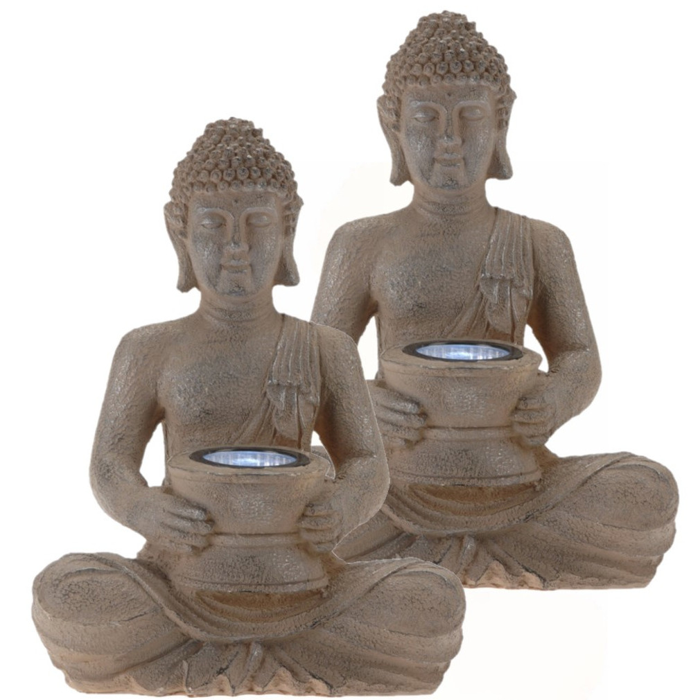 2x stuks solar lamp boeddha beelden bruin / grijs 31 cm -