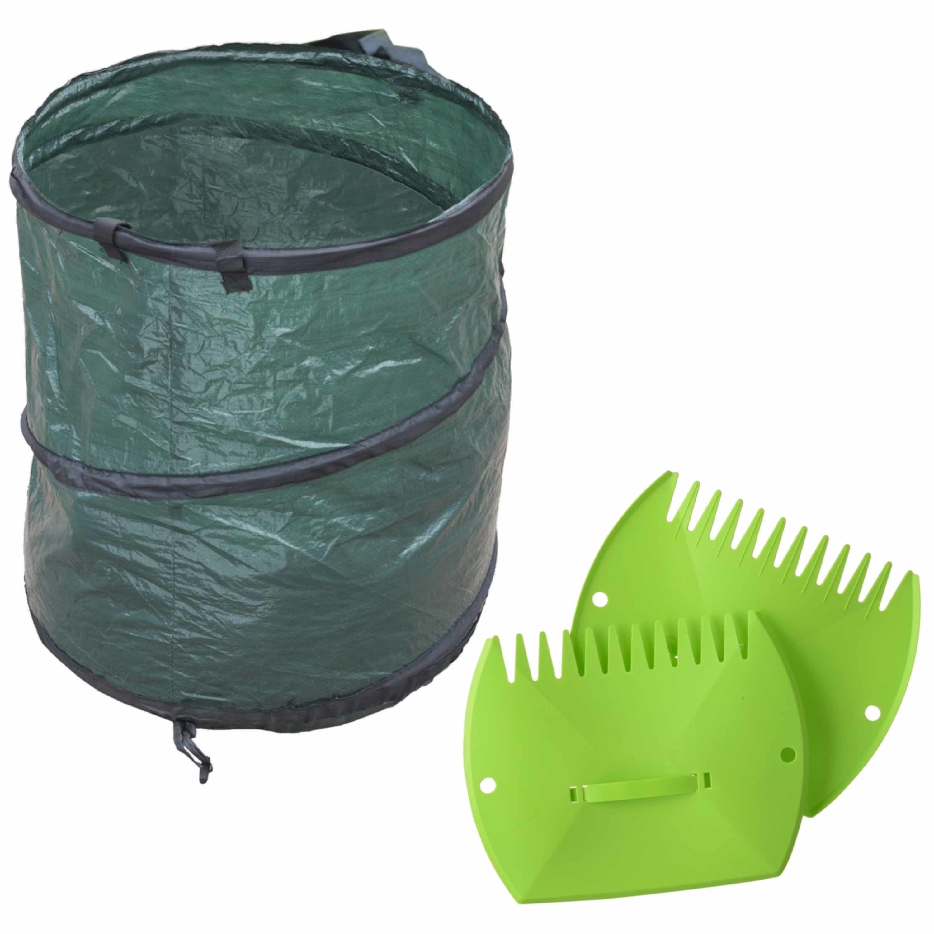 Groene tuinafvalzak opvouwbaar 90 liter met een setje bladharken/tuinafval grijpers -