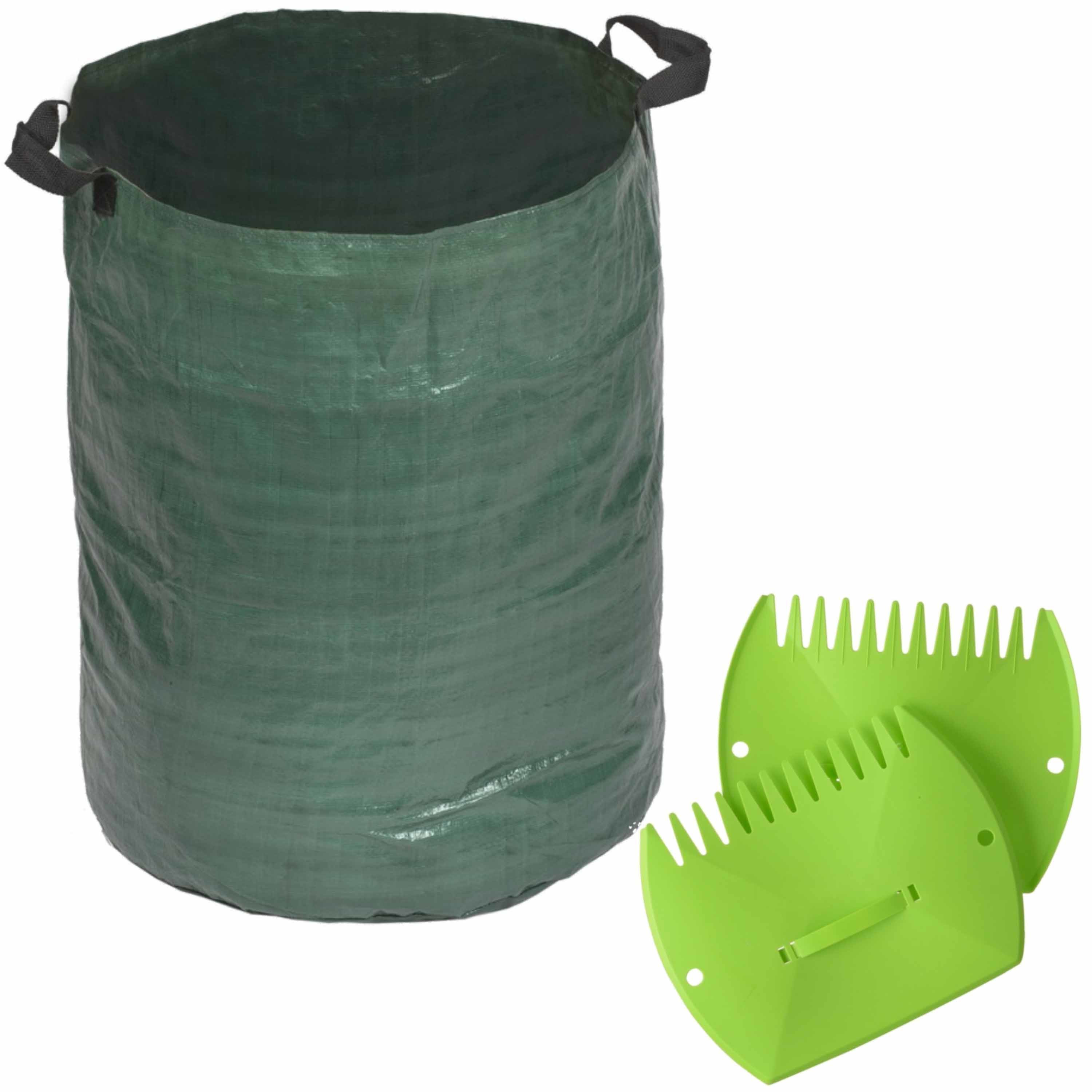 Groene tuinafvalzak opvouwbaar 120 liter met een setje bladharken/tuinafval grijpers -