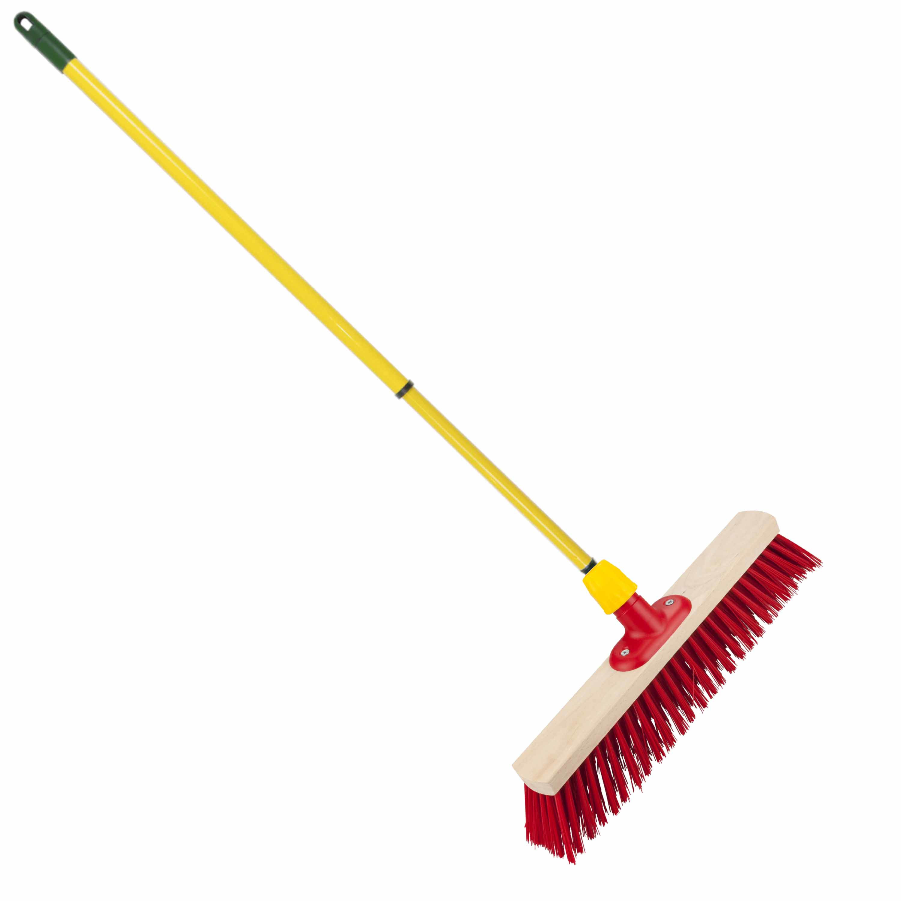 Houten harde straatbezem/buitenbezem rood elaston 40 cm met metalen telescoopsteel geel 80 - 130 cm -
