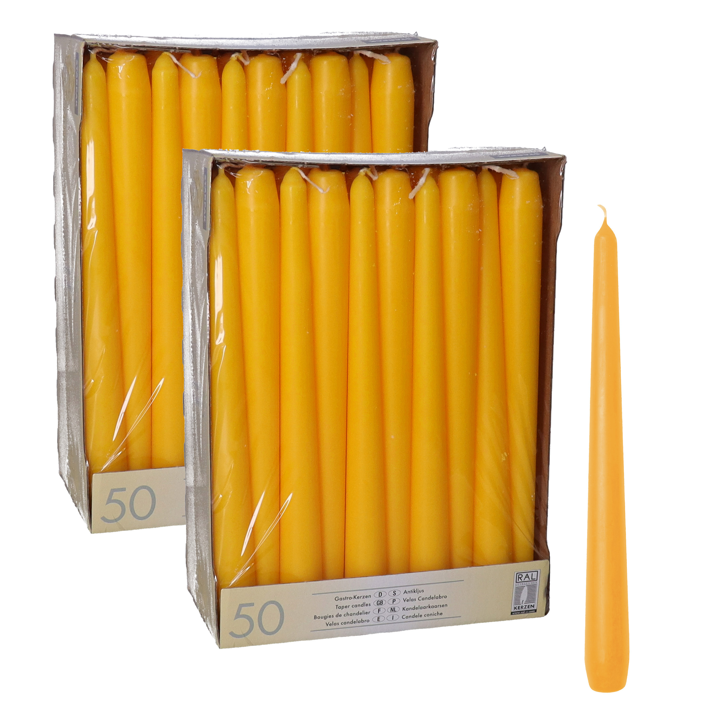 100x stuks dinerkaarsen donkergeel 25 cm -