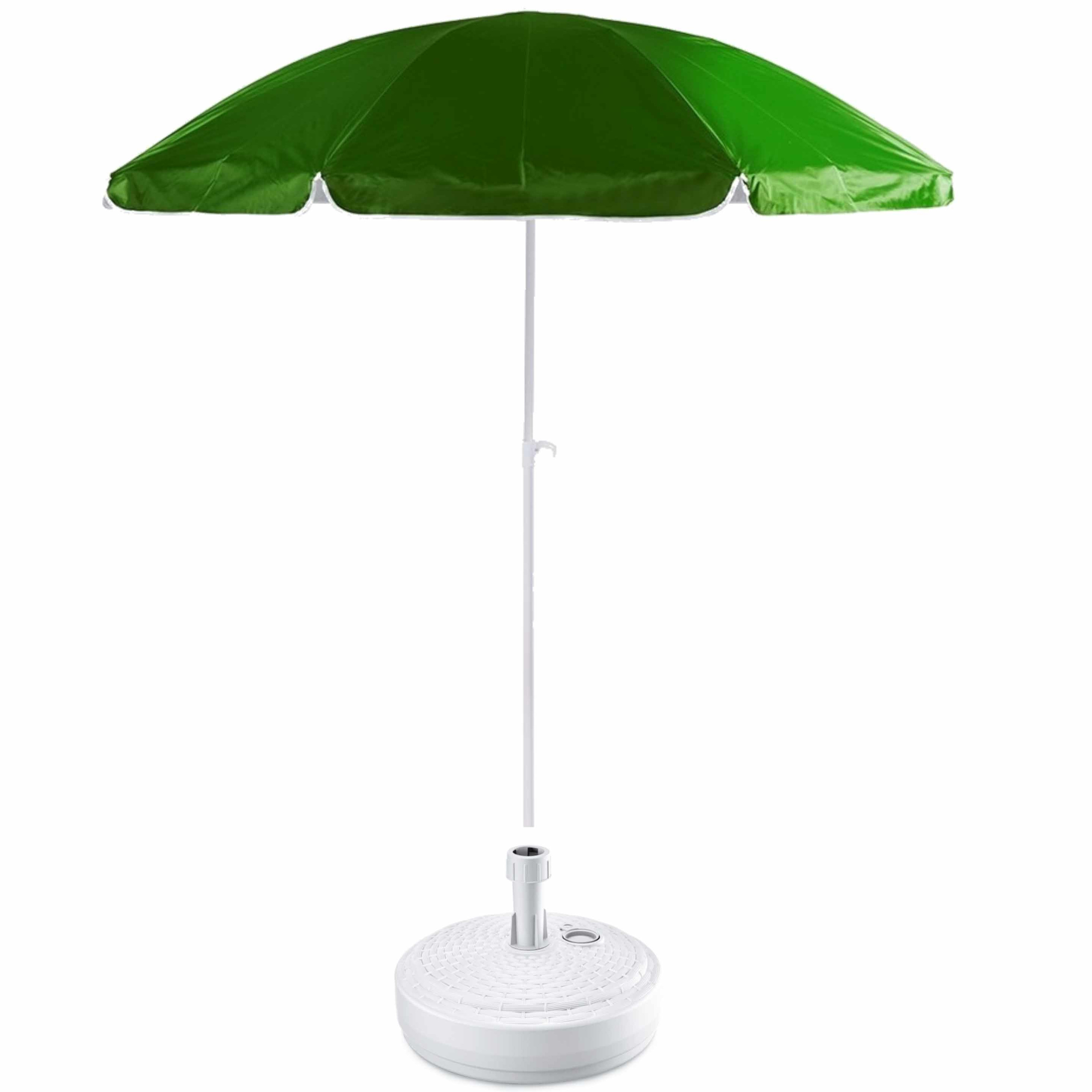 Groen strand/tuin basic parasol van nylon 200 cm + parasolvoet wit rotan -