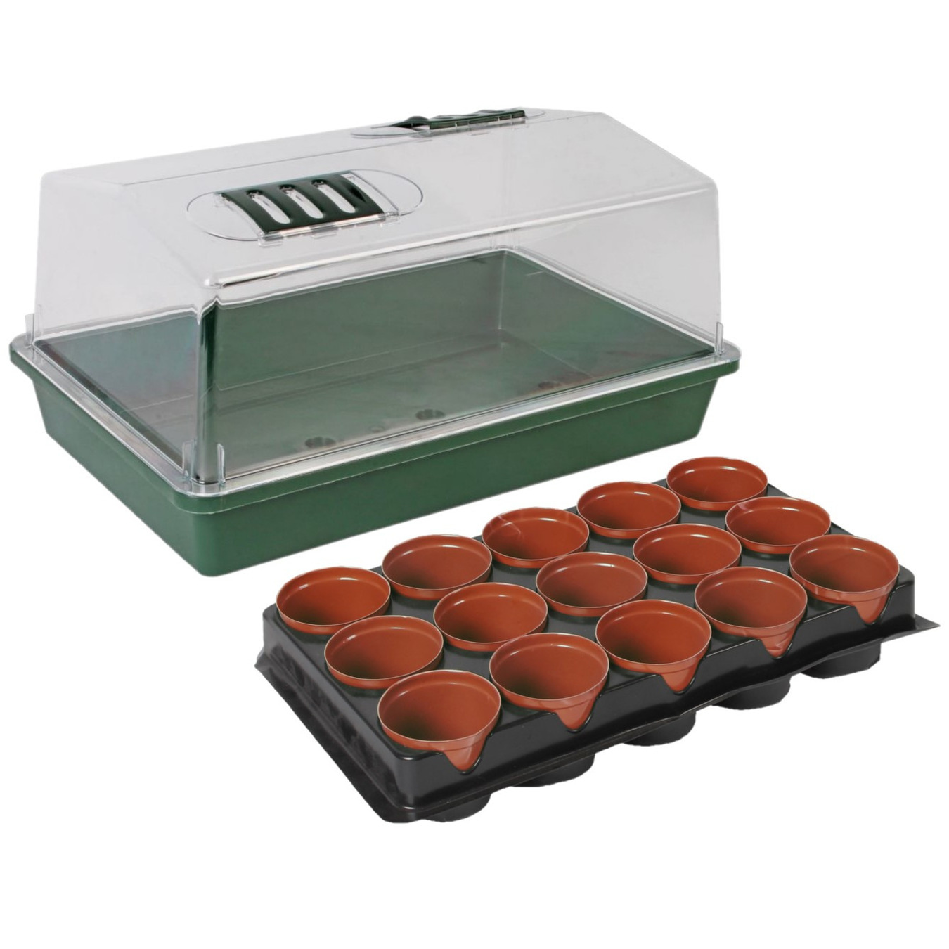 Kweekbak/kweekkast met deksel met 15x kunststof kweekpotjes 38 x 24 x 18 cm -