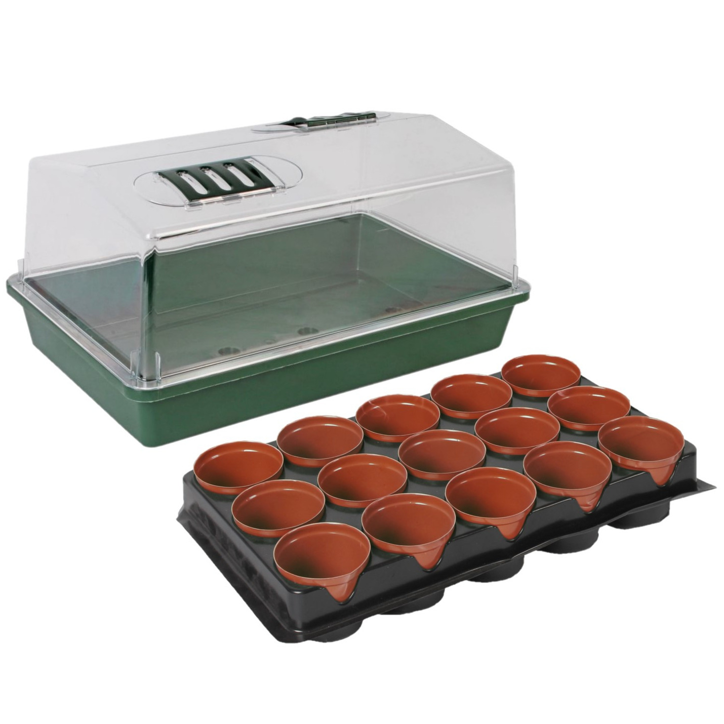 Kweekbak/kweekkast met deksel met 30x kunststof kweekpotjes 38 x 24 x 18 cm -