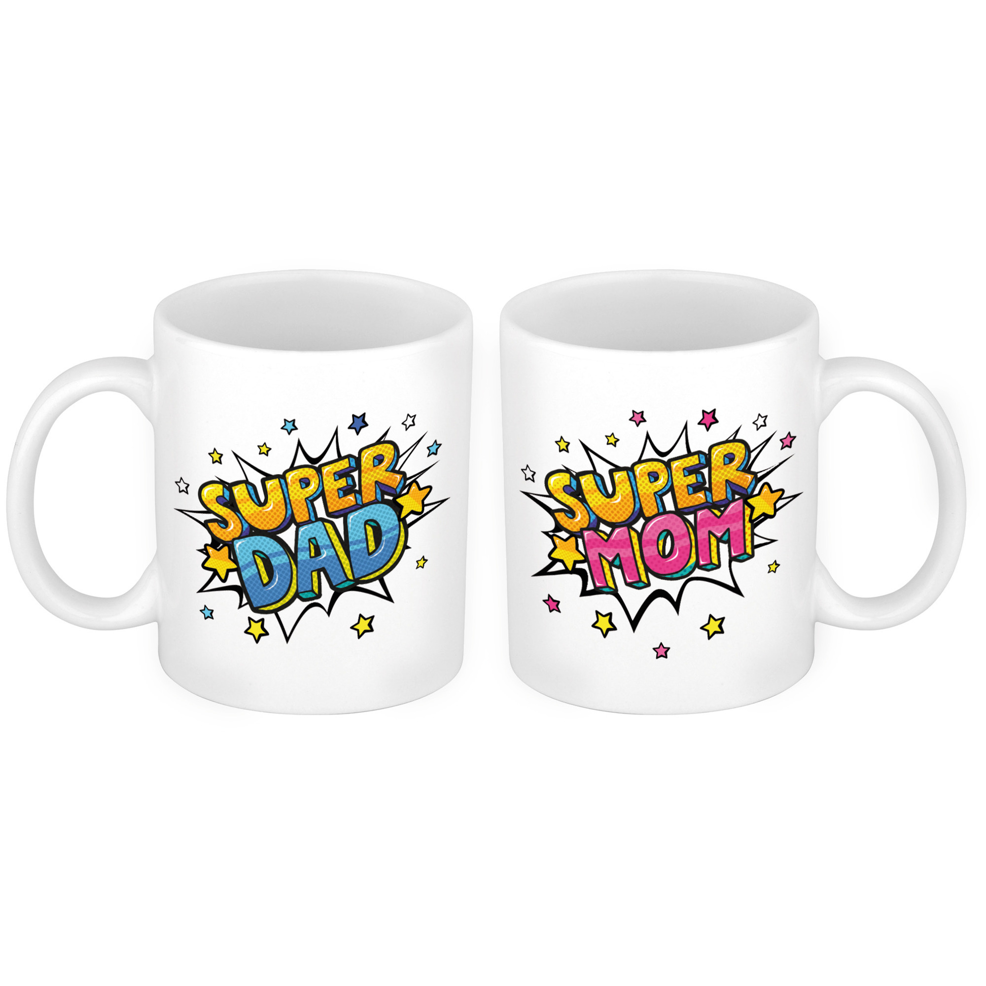 Super Dad mok en Mom pop art mok - Cadeau beker set voor Papa en Mama -