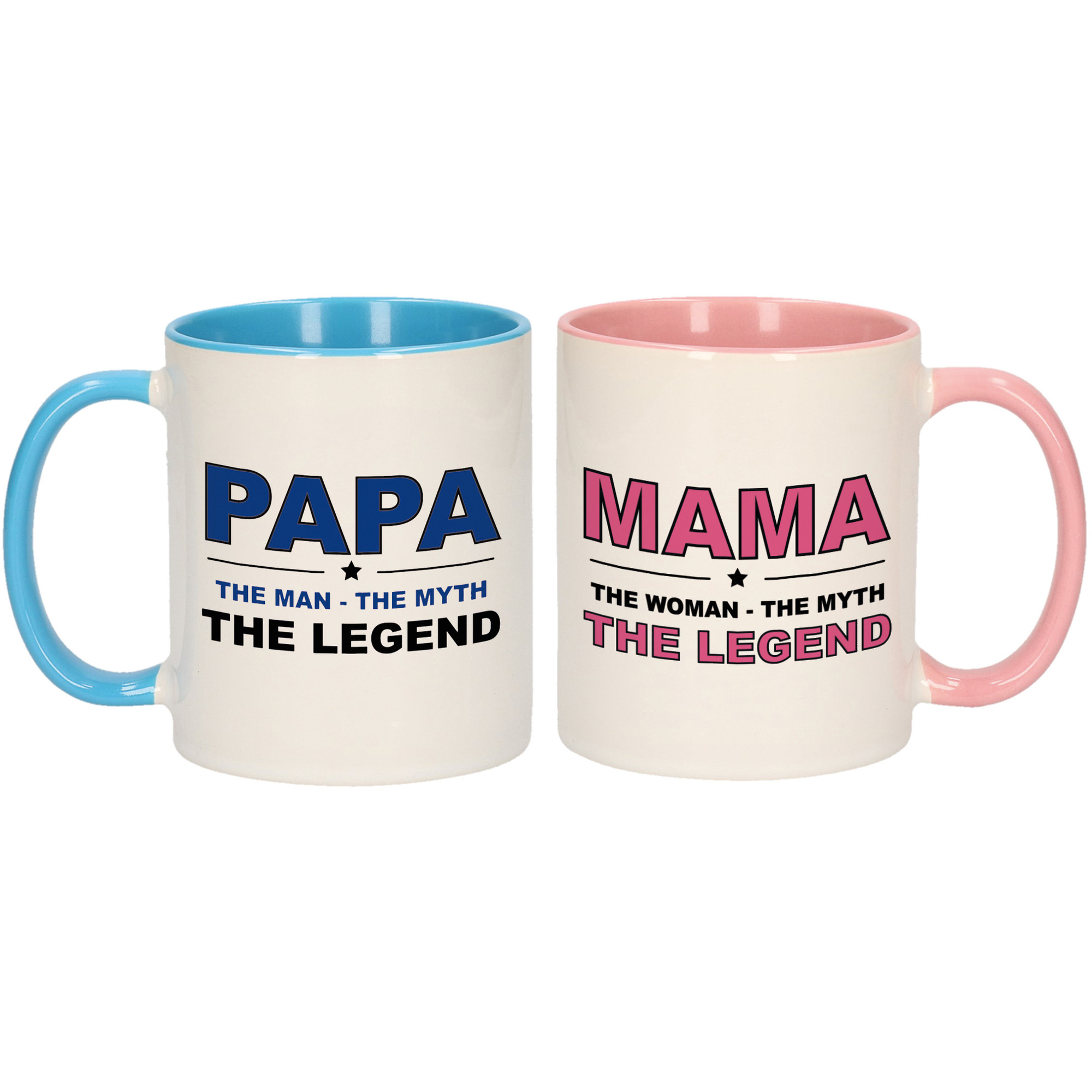 Papa en mama the legend mok met gekleurde binnenkant - Cadeau beker set voor Papa en Mama -