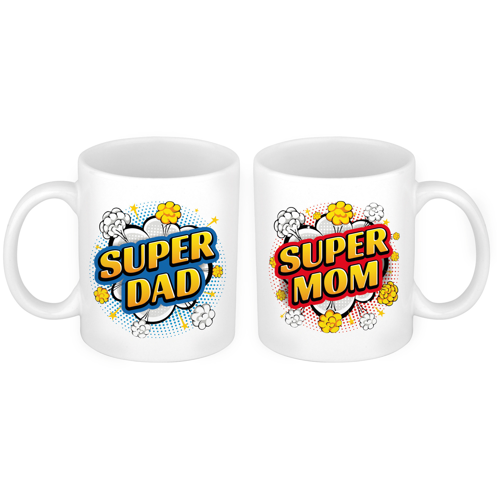 Super Dad en Mom cartoon mok - Cadeau beker set voor Papa en Mama -