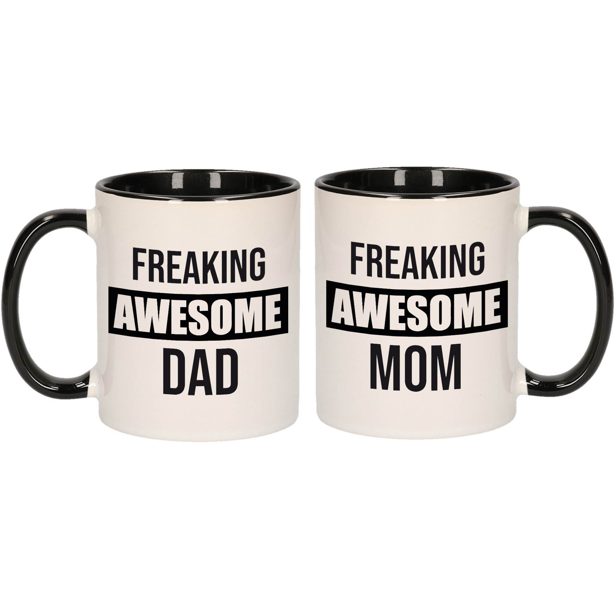 Dad en Mom freaking awesome zwart mok - Cadeau beker set voor Papa en Mama -