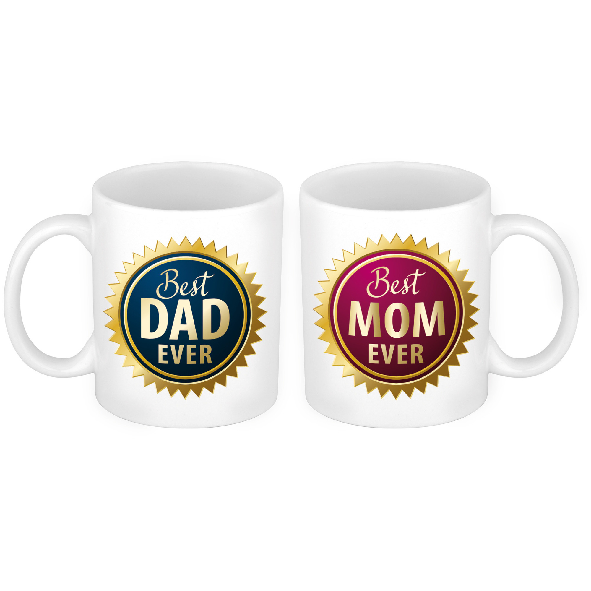 Best Mom en Best Dad mok met rozet - Cadeau beker set voor Papa en Mama -