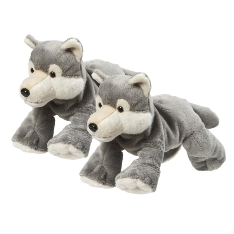 2x stuks pluche knuffel grijze wolf van 22 cm -