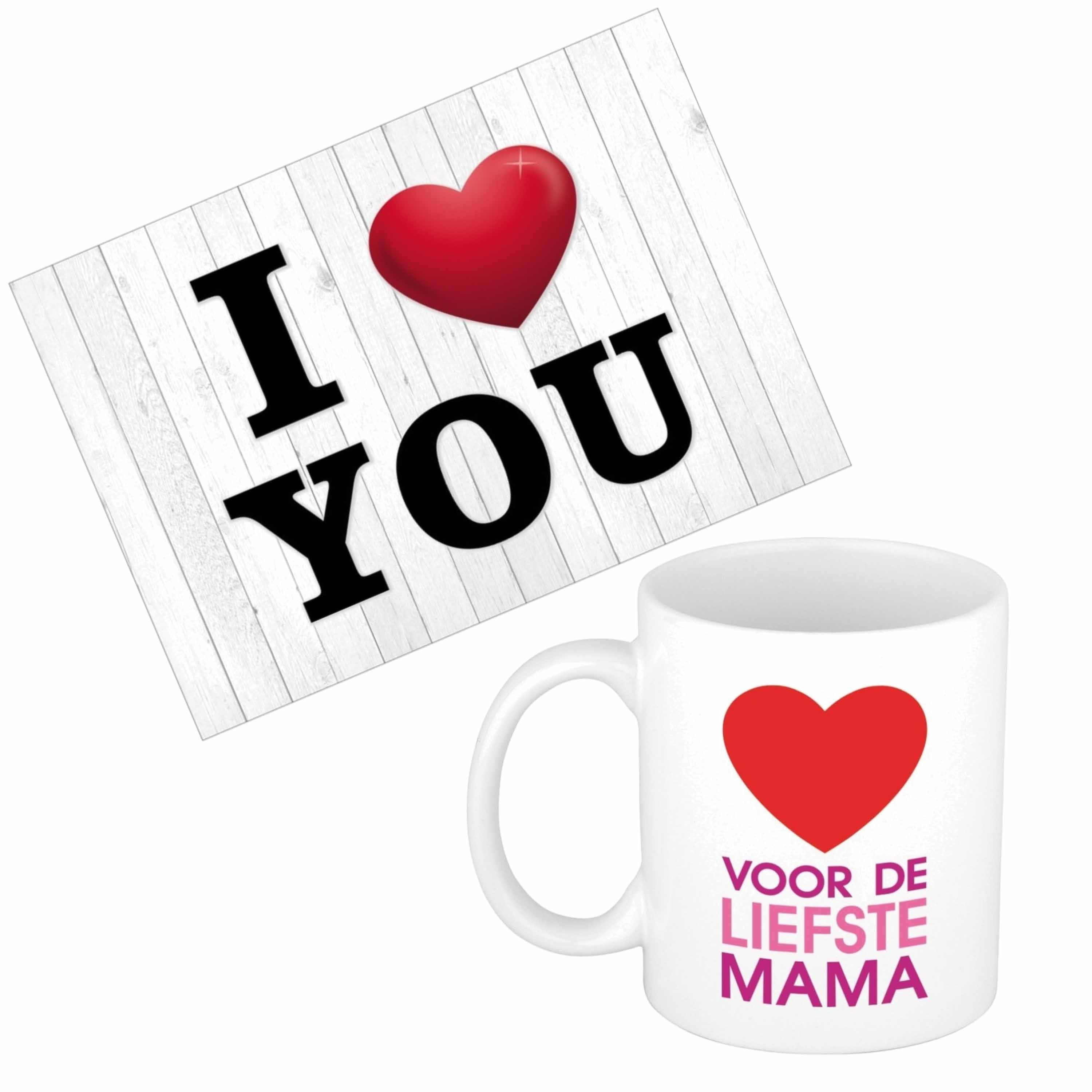 Mama jarig/Moederdag cadeau drink mok/beker + Love you wenskaart -
