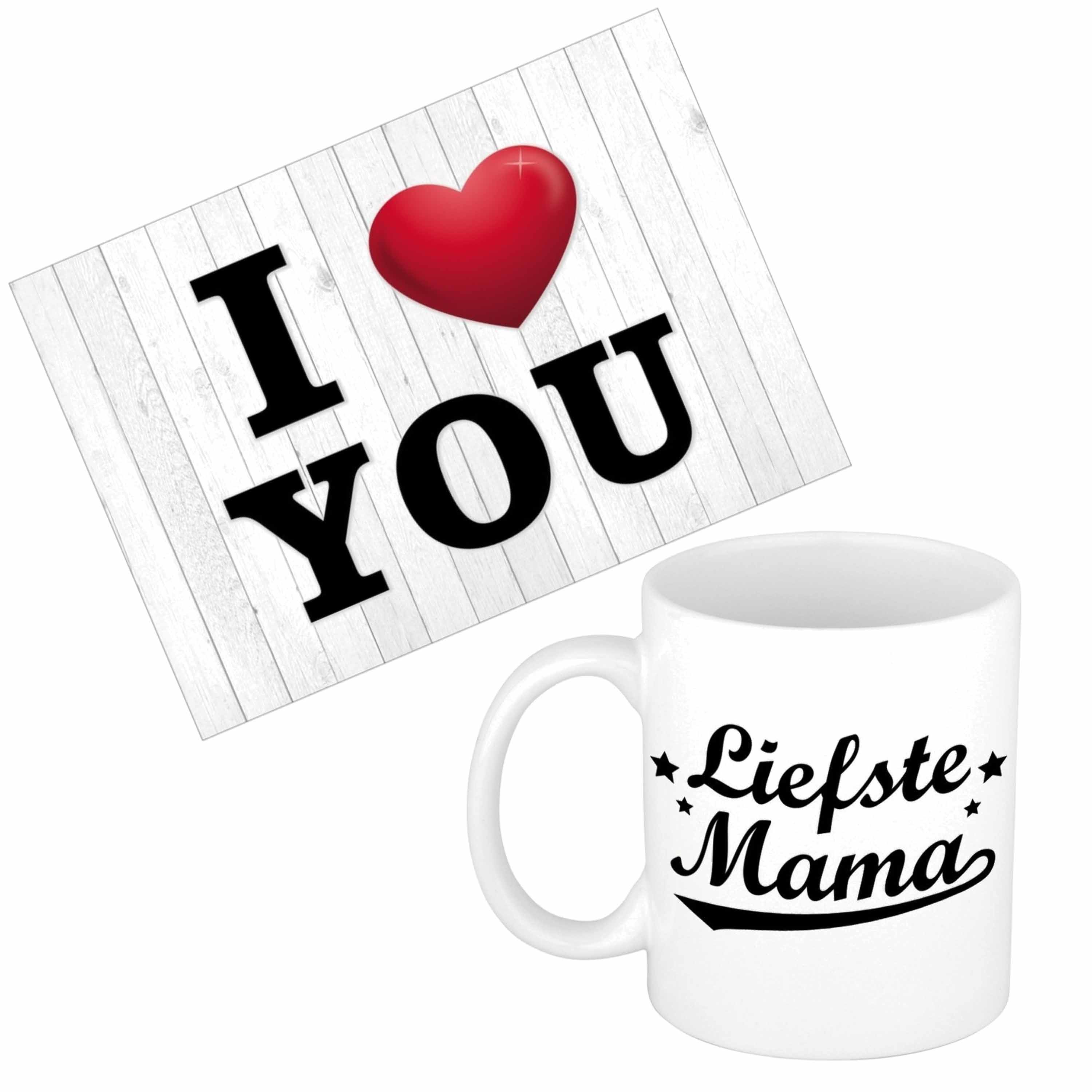 Mama jarig/Moederdag cadeau drink mok/beker + Love you wenskaart -