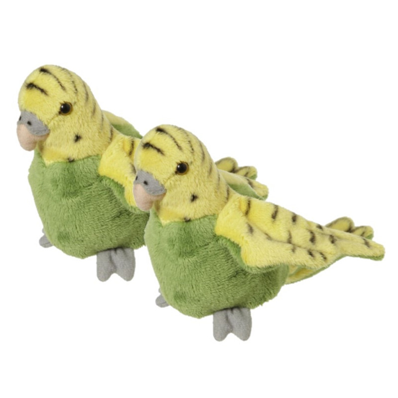 Knuffeldier Parkiet - 2x - pluche knuffel vogel - groen - 16 cm - huisdier -