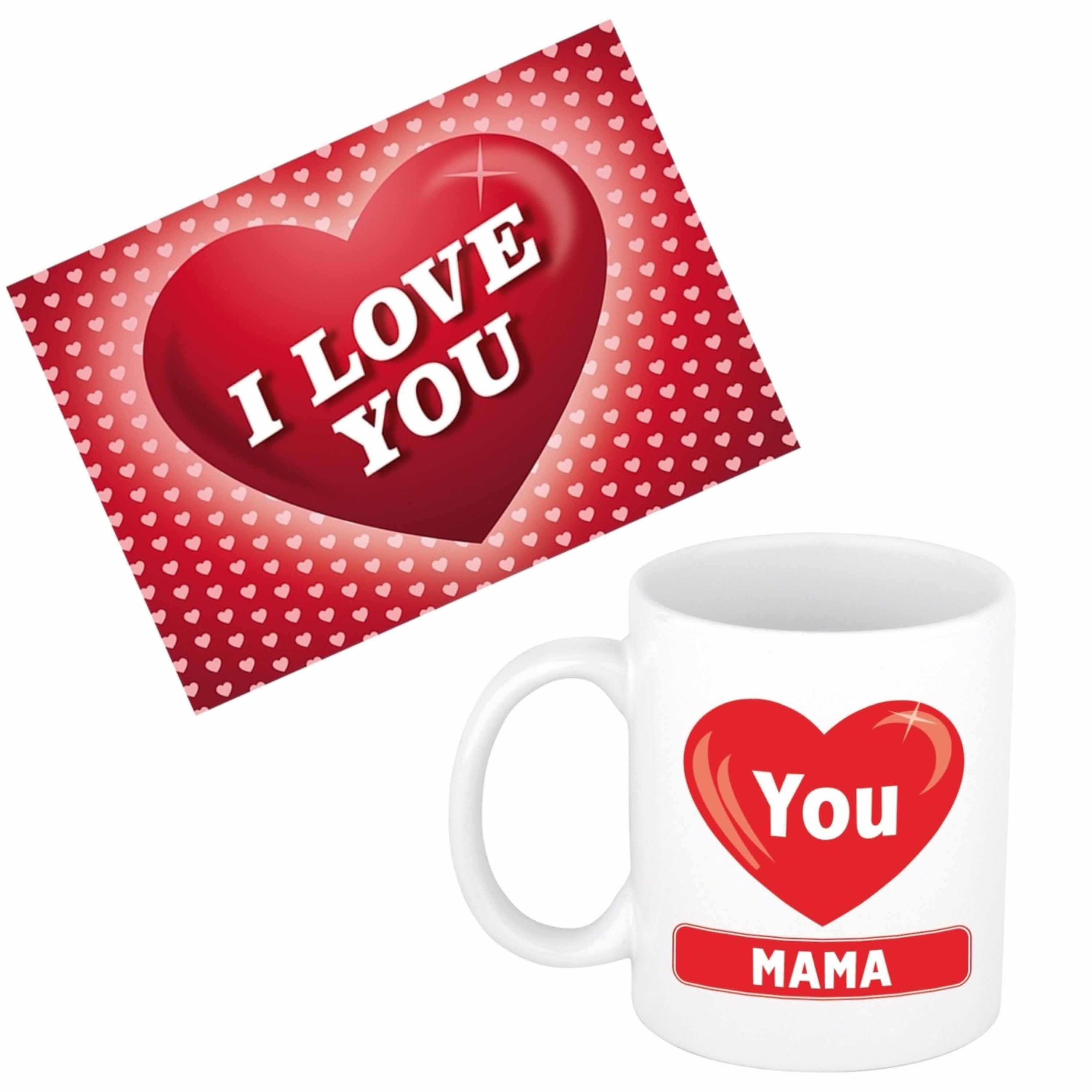 Mama jarig/Moederdag cadeau drink mok/beker + Love you wenskaart -