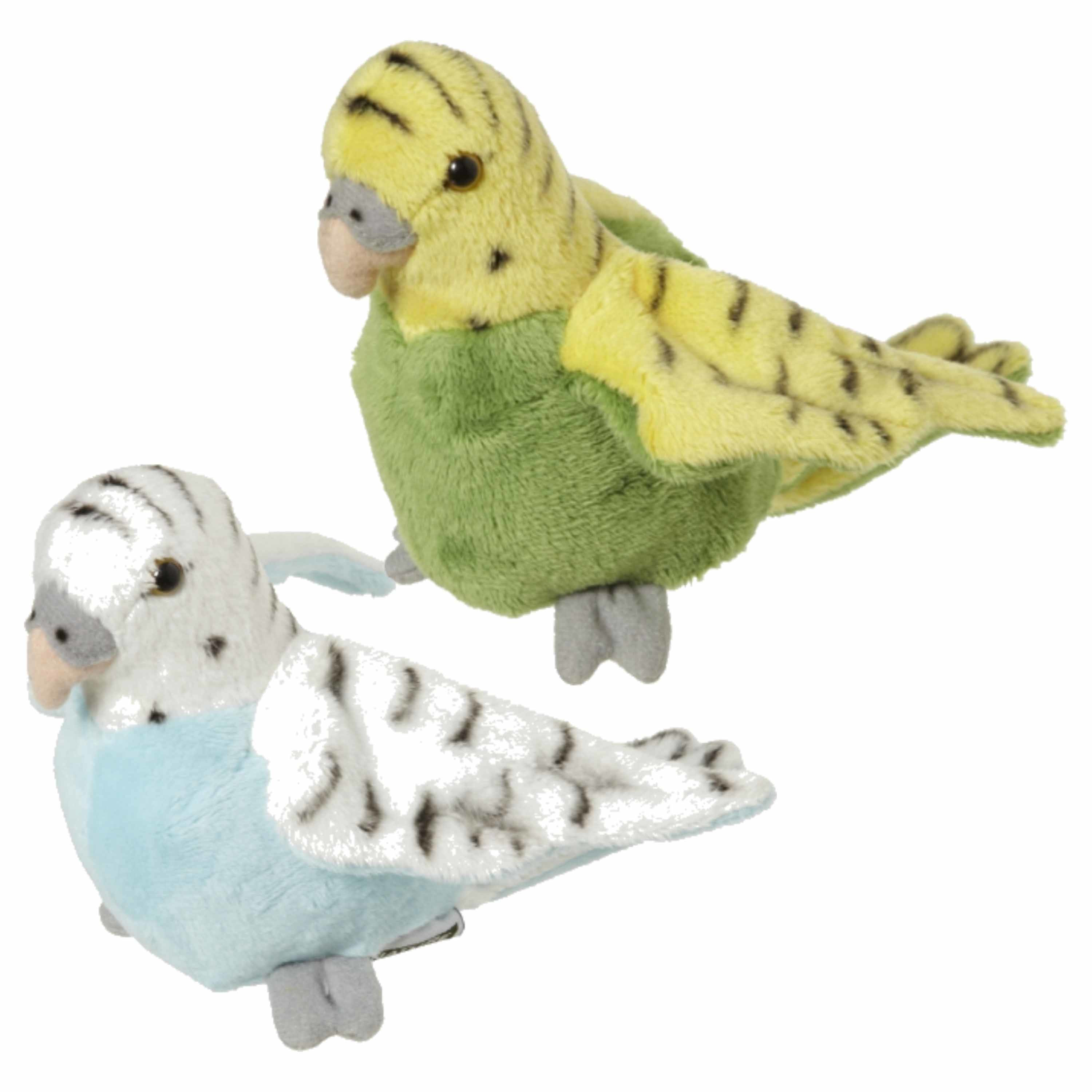 2x Pluche parkieten knuffels groen en blauw 16 cm -