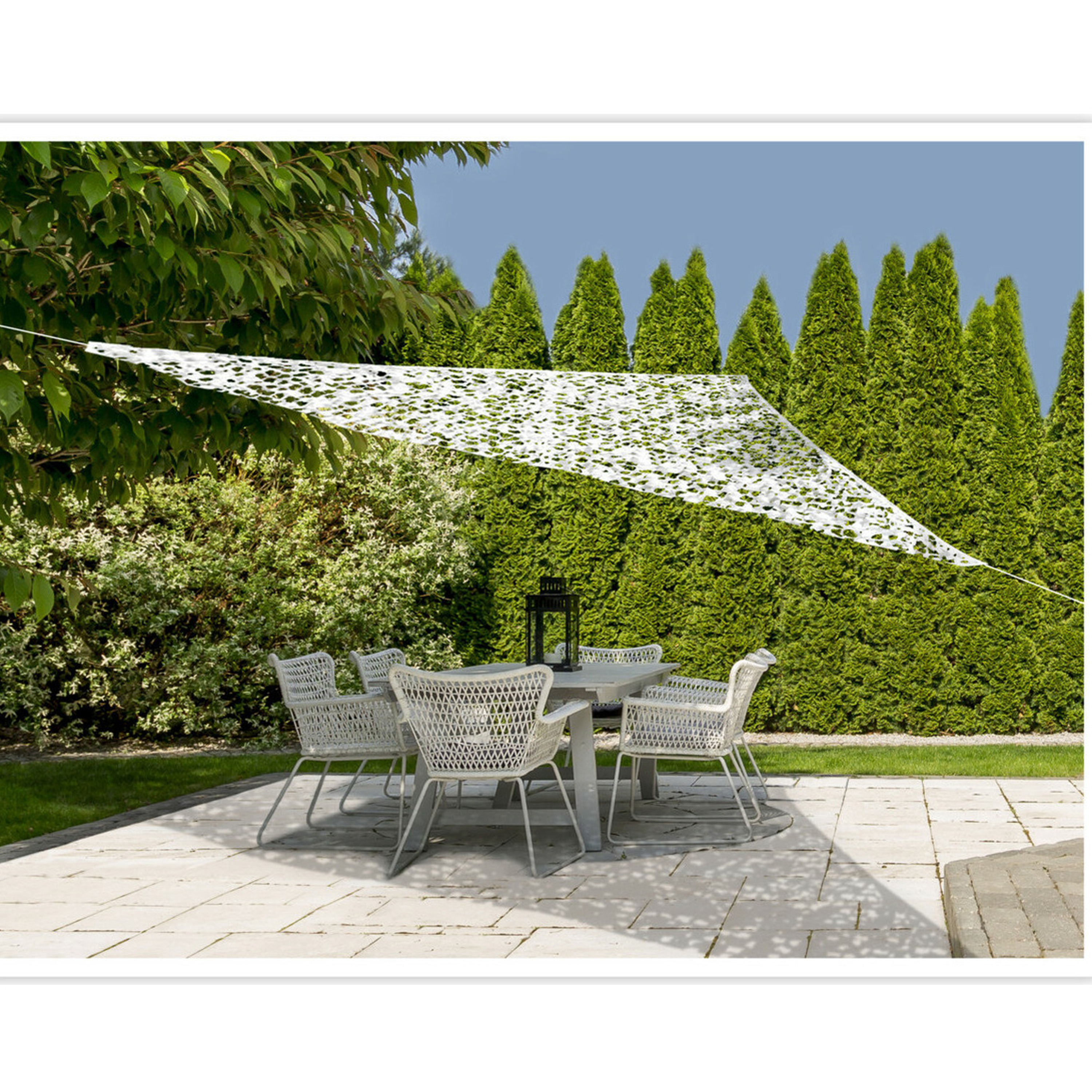 Schaduwdoek/zonnescherm driehoek wit camouflage 3,6 meter inclusief ophangaccessoires -