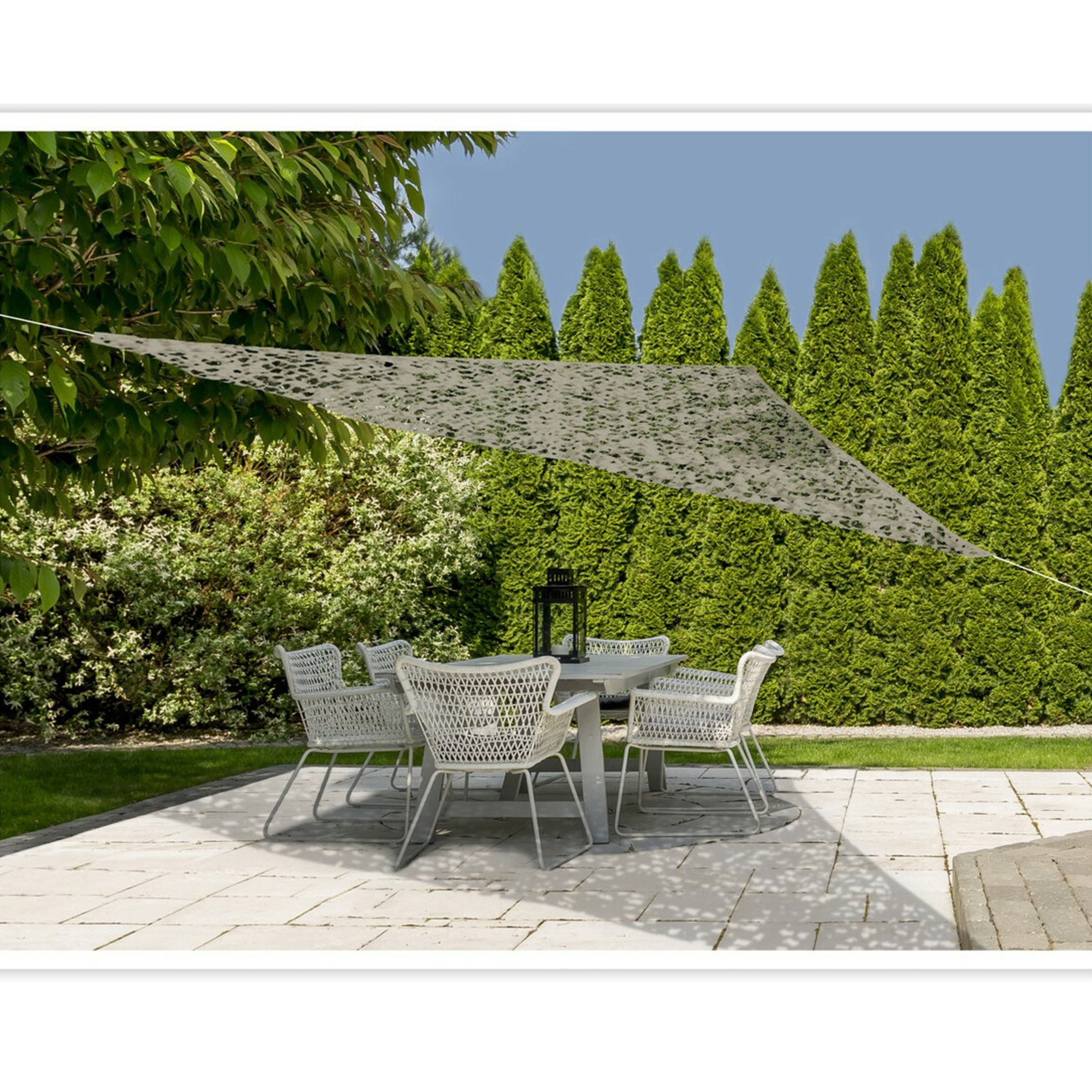 Schaduwdoek/zonnescherm driehoek zand camouflage 3,6 meter inclusief ophangaccessoires -