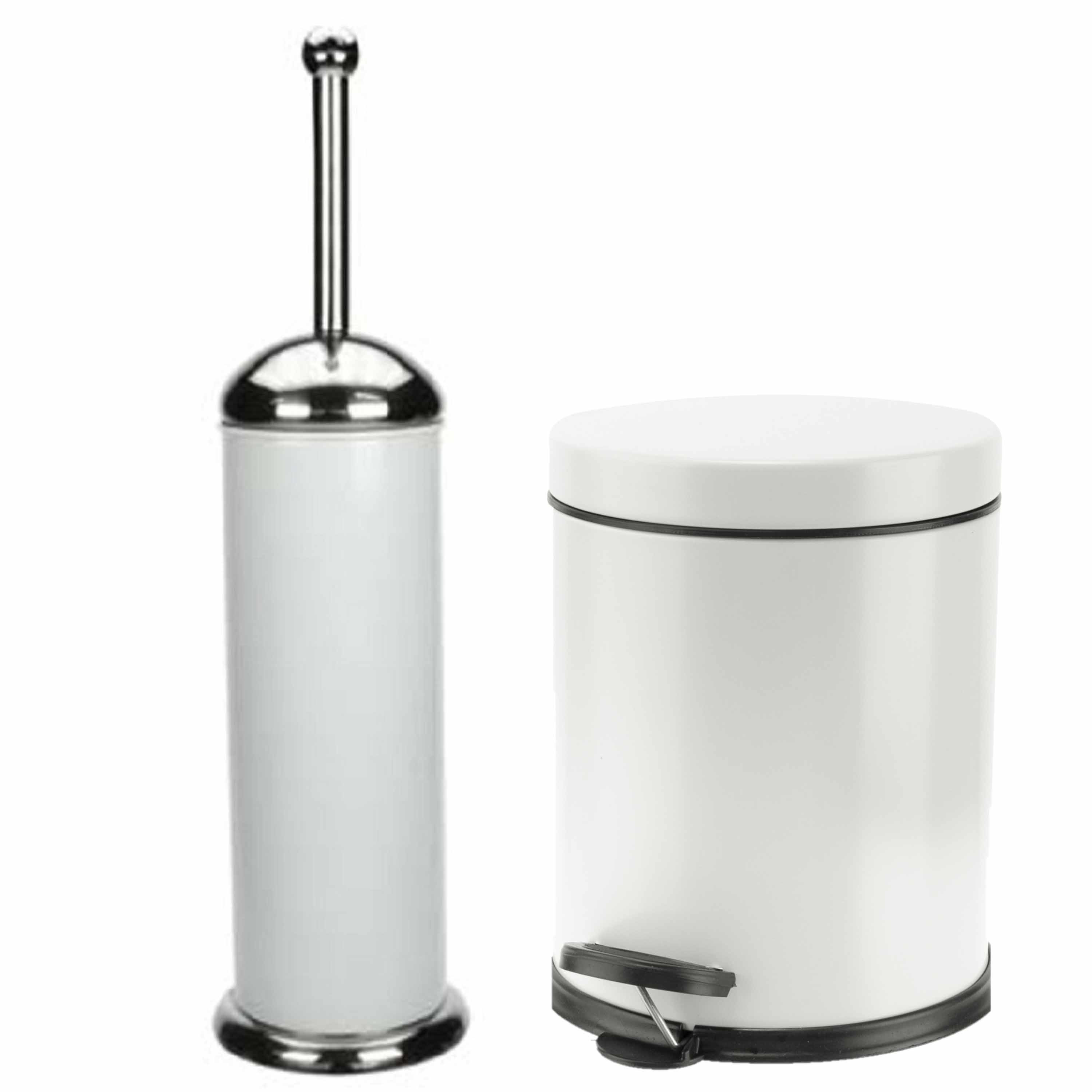 Badkamer/toilet set pedaalemmer 5 liter en toiletborstel RVS wit -