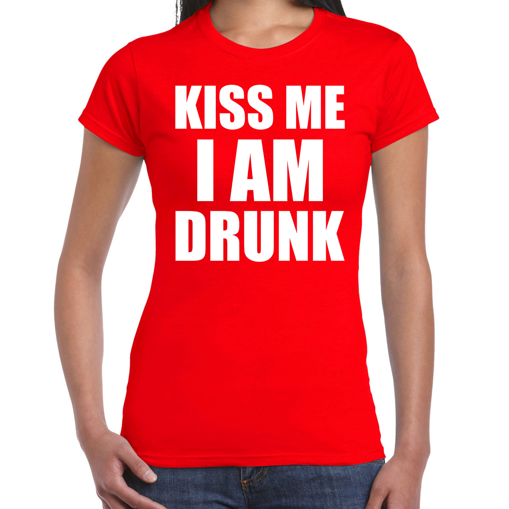 Fun t-shirt kiss me I am drunk rood voor dames S -