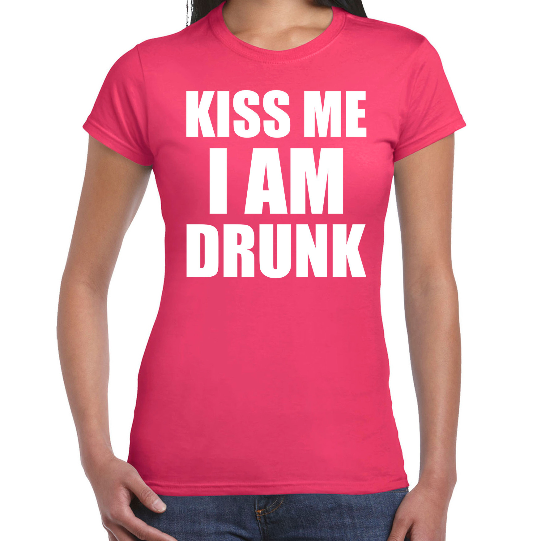 Fun t-shirt kiss me I am drunk roze voor dames XS -