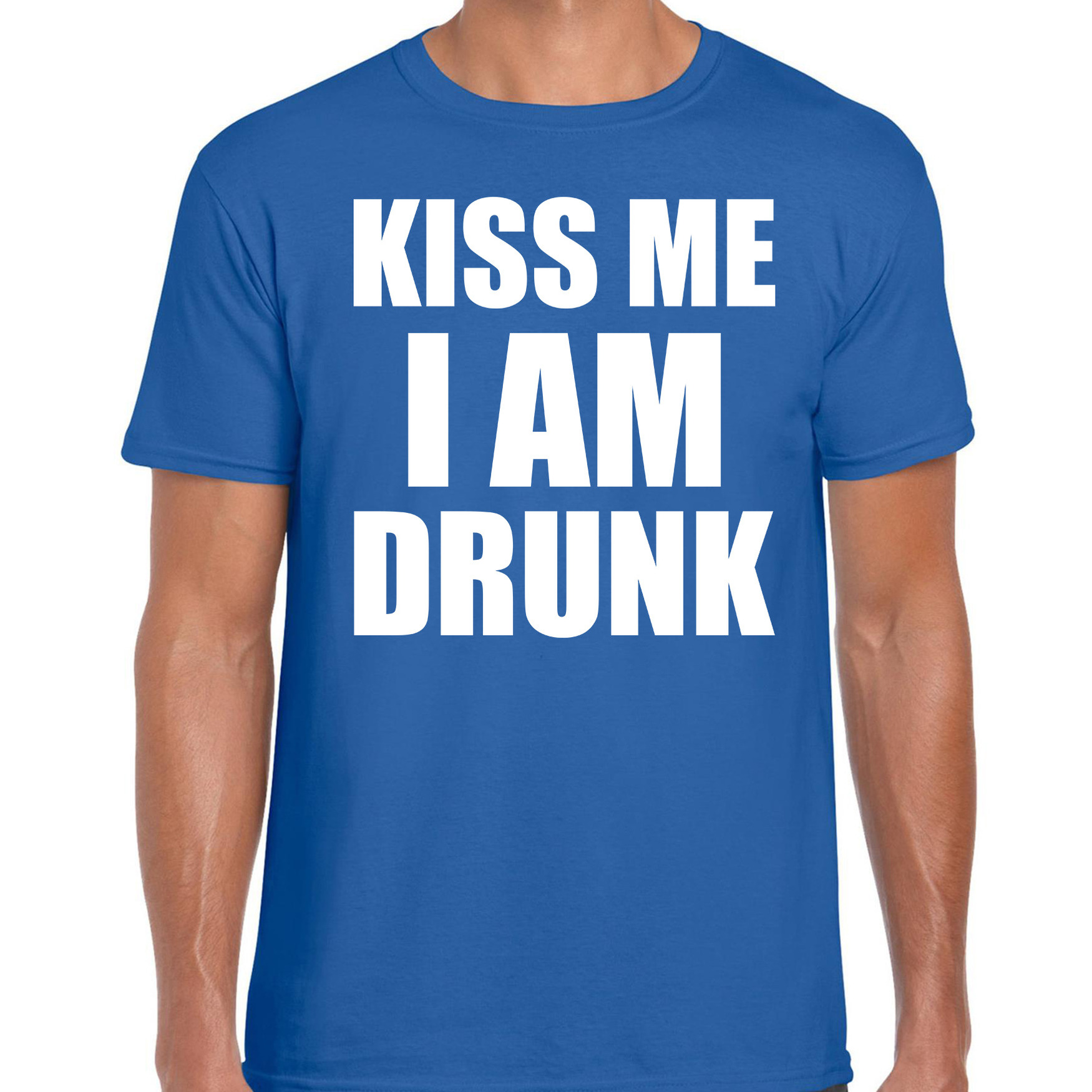 Fun t-shirt kiss me I am drunk blauw voor heren L -
