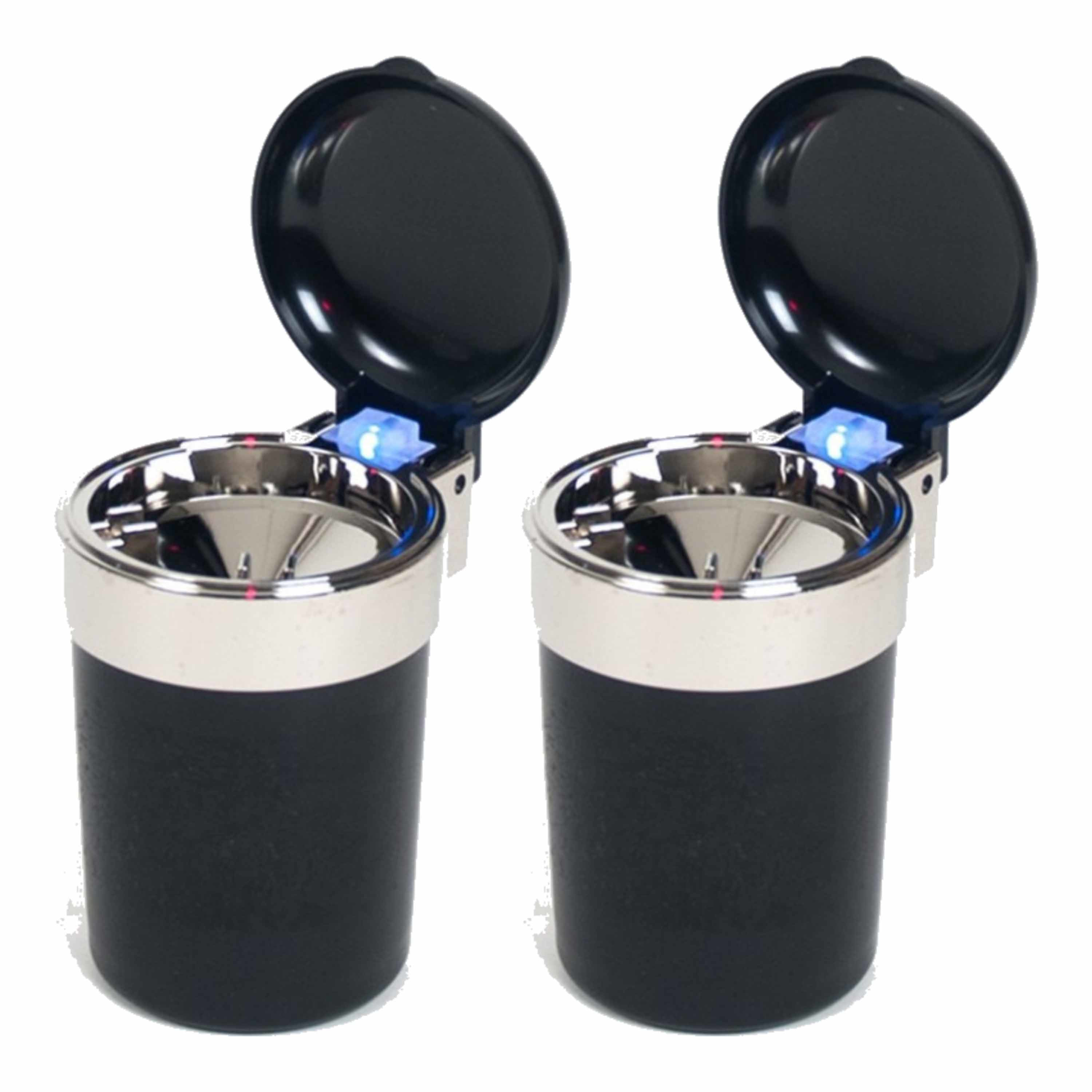 2x Auto asbak zwart met Led verlichting en klepje 11 x 9 cm -