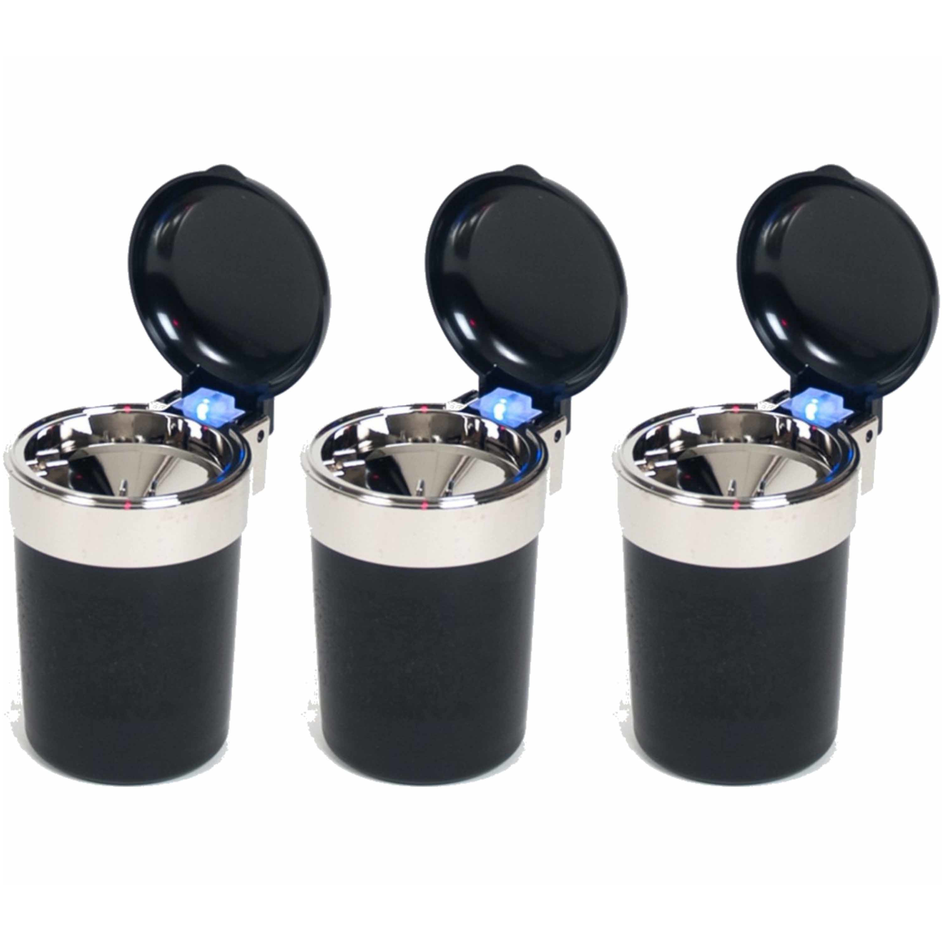 3x Auto asbak zwart met Led verlichting en klepje 11 x 9 cm -