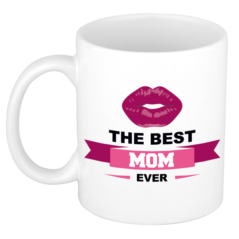 The best mom ever cadeau mok / beker wit met wimpel en kus -
