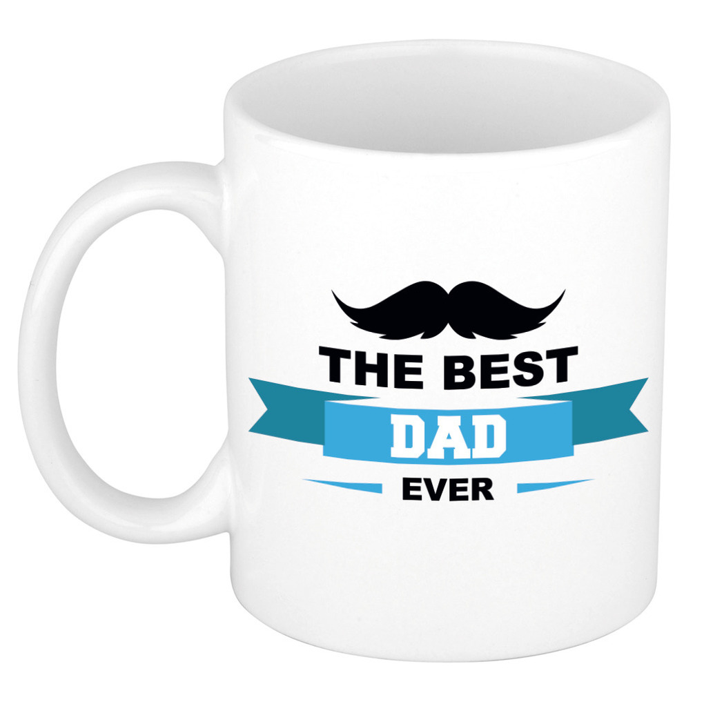 The best dad ever kado mok / beker wit met wimpel en snor - Vaderdag / verjaardag -