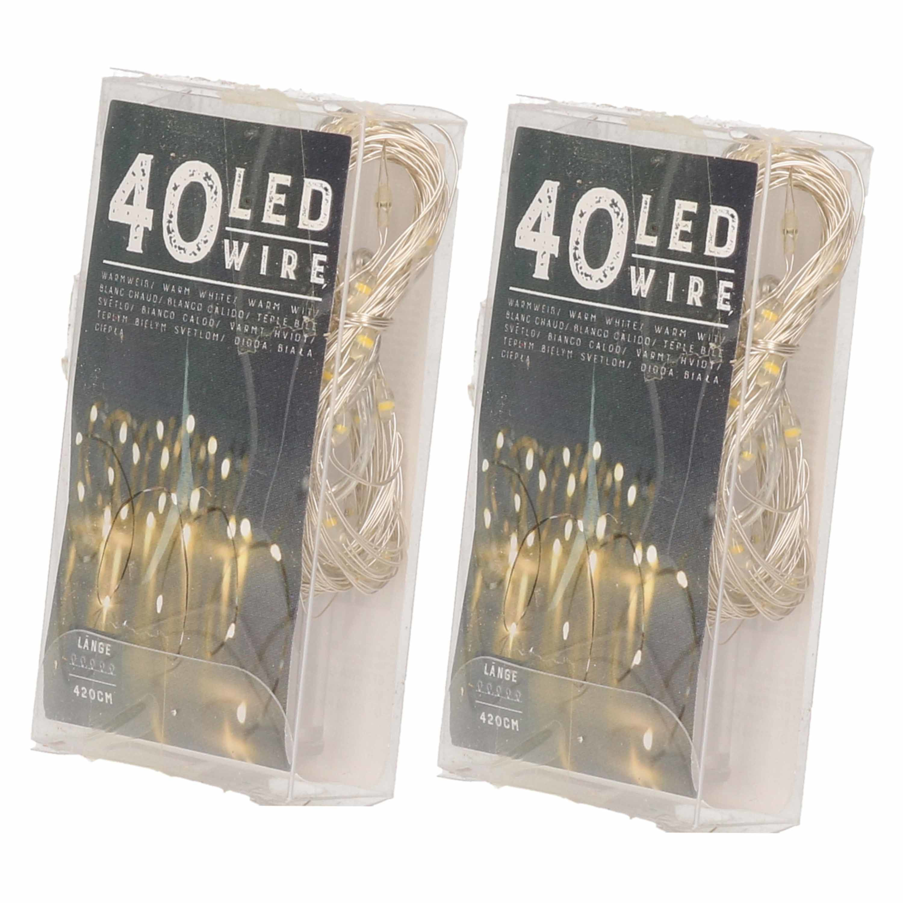 Set van 2x stuks draadverlichting lichtsnoeren met 40 lampjes warm wit op batterij 420 cm -
