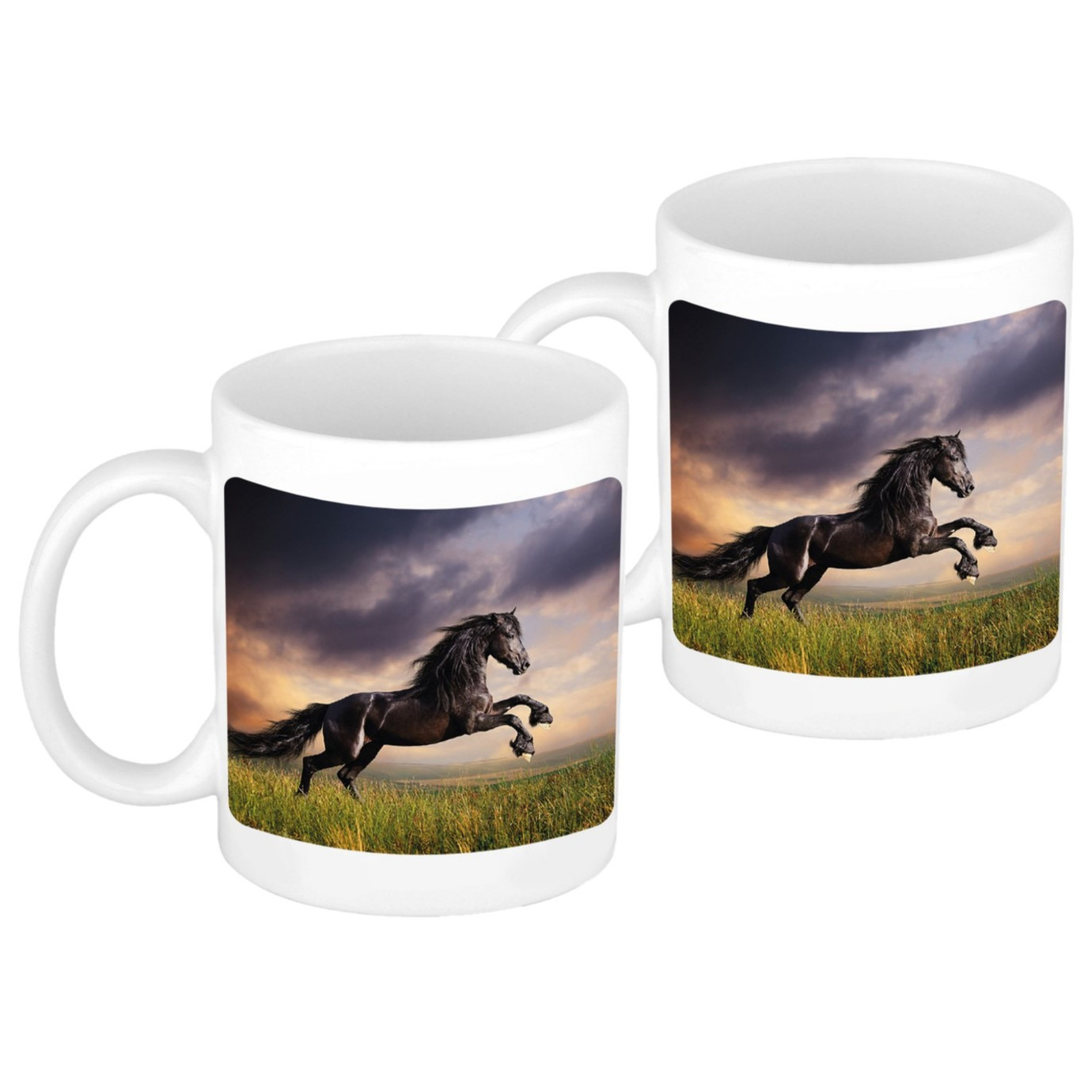 2x stuks zwart paard in weide mok / beker wit 300 ml -