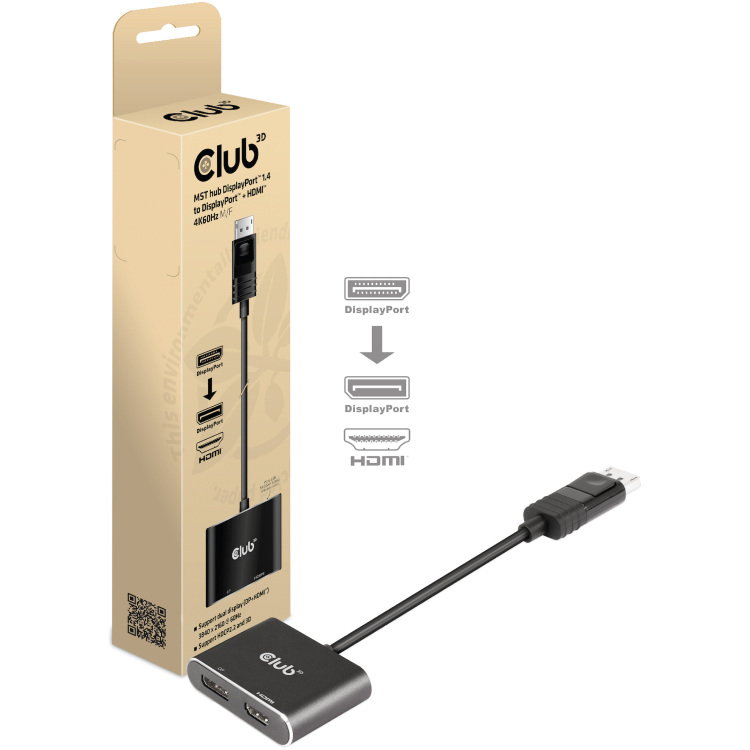 Club 3D MST hub DisplayPort 1.4 to DisplayPort + HDMI 4K60Hz M/F kabel
