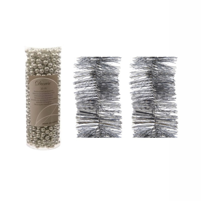 Kerstversiering set van 2x stuks folieslingers en 1x stuks kralenslingers zilver -