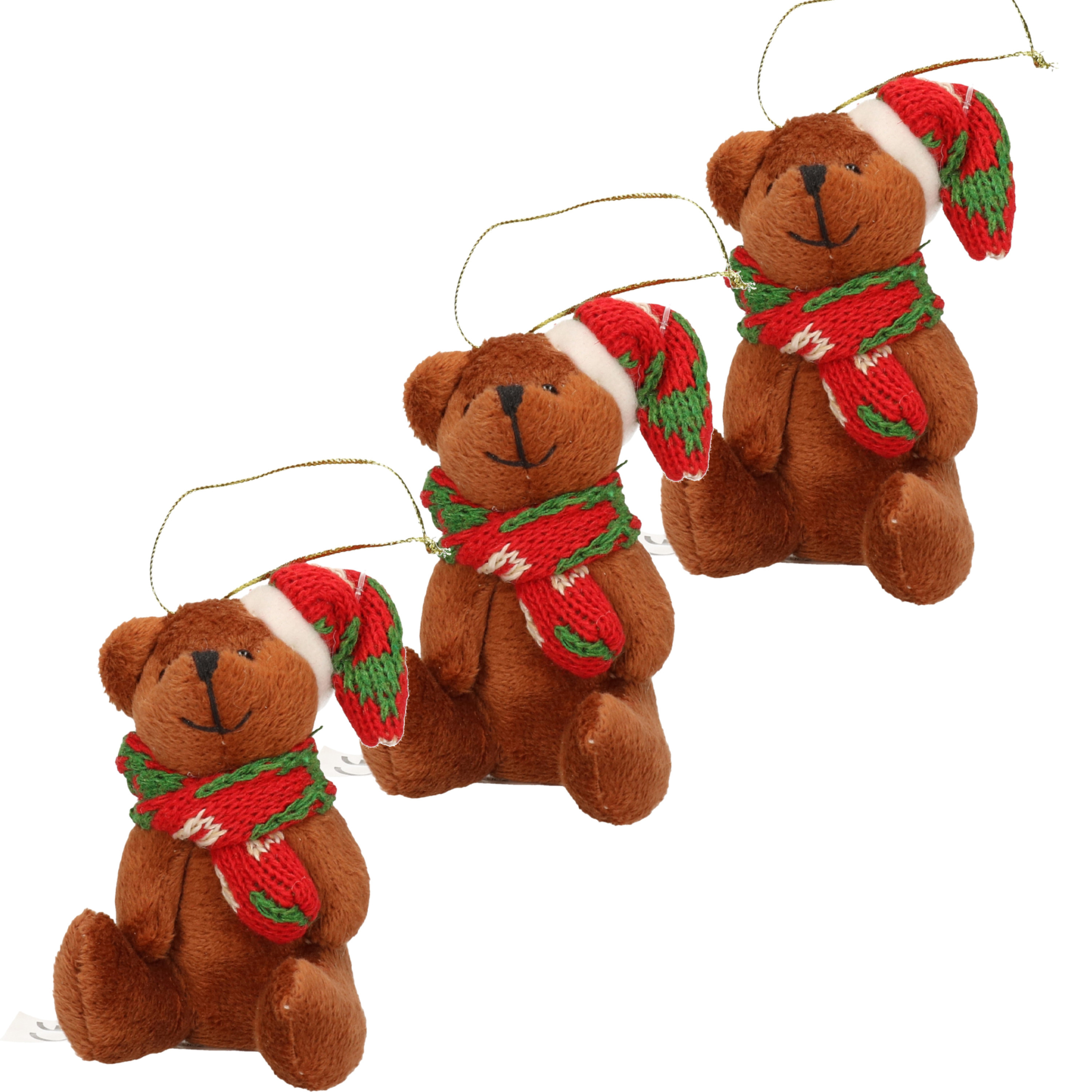 3x Kersthangers knuffelbeertjes bruin met gekleurde sjaal en muts 7 cm -