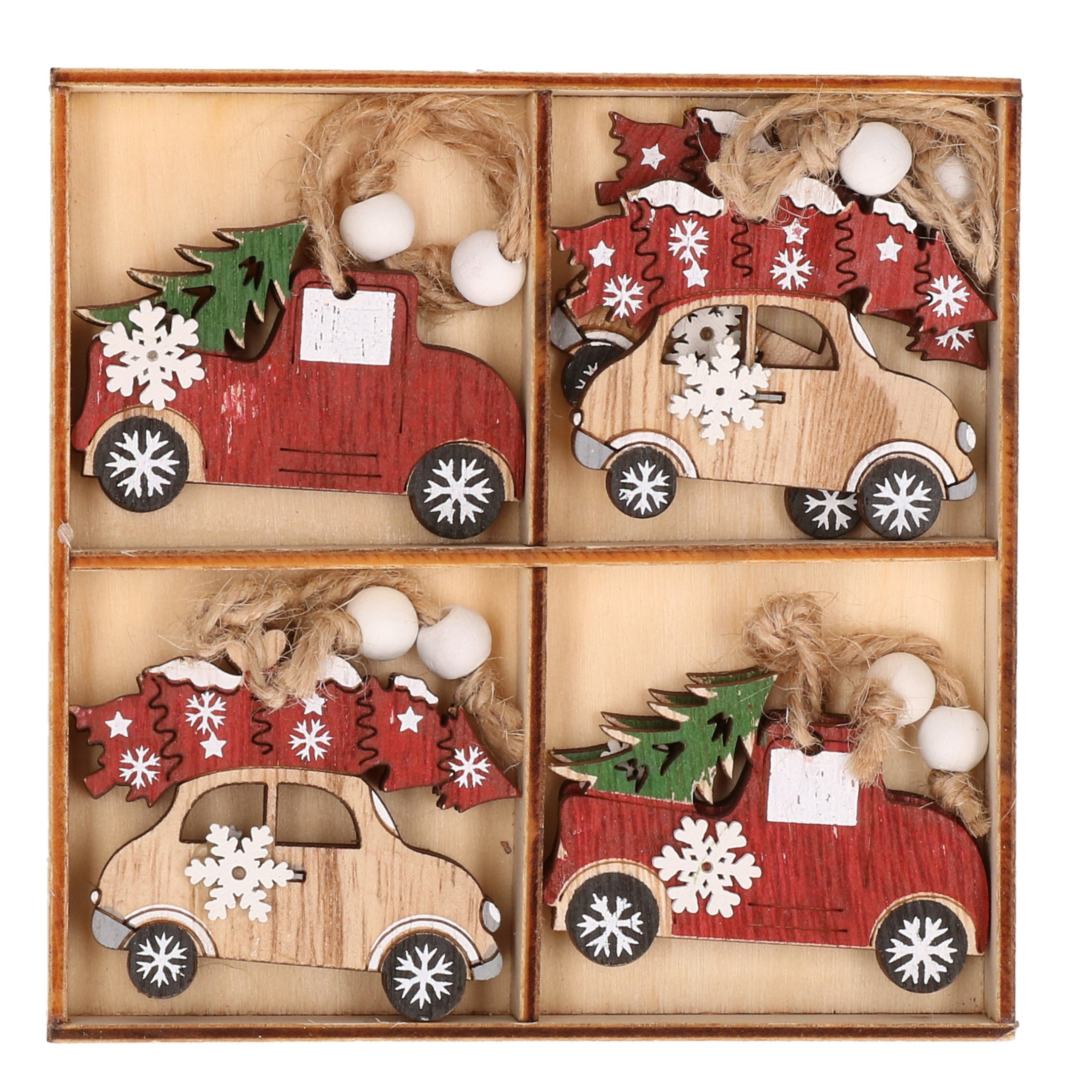 Kersthanger set van 24x houten auto hangers 6 x 5 cm kerstboomversiering -