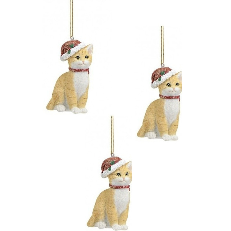 3x stuks kersthangers beige katten met kerstmuts 9 cm kerstversiering -