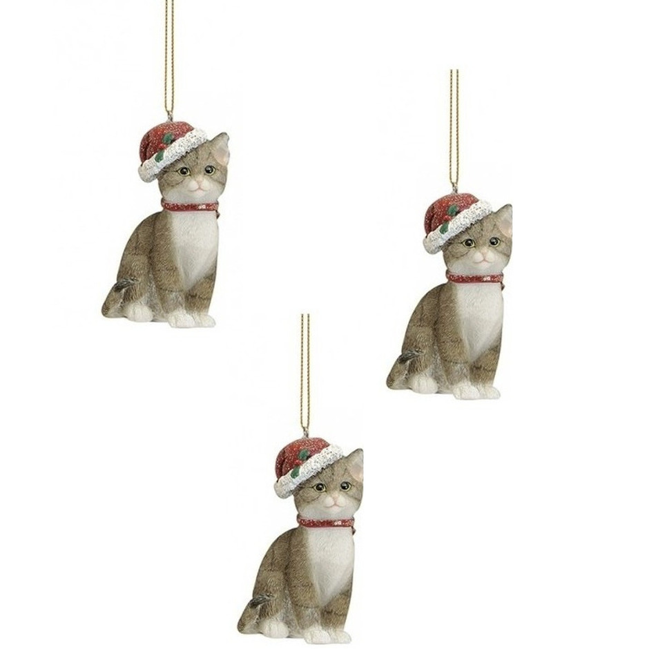 2x stuks kersthangers grijze katten met kerstmuts 9 cm kerstversiering -