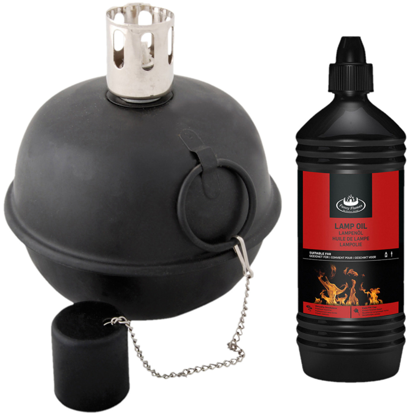 Tuimeltoorts/olielamp zwart met heldere lampenolie/fakkelolie -