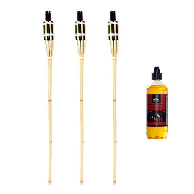 Bamboe tuinfakkel - 3x - 90 cm - inclusief bio citronella lampolie/fakkelolie 750 ml - citrusgeur -