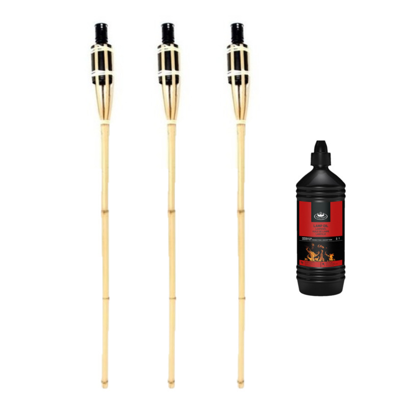 3x Bamboe tuinfakkel 90 cm inclusief heldere lampolie/fakkelolie 1 liter -