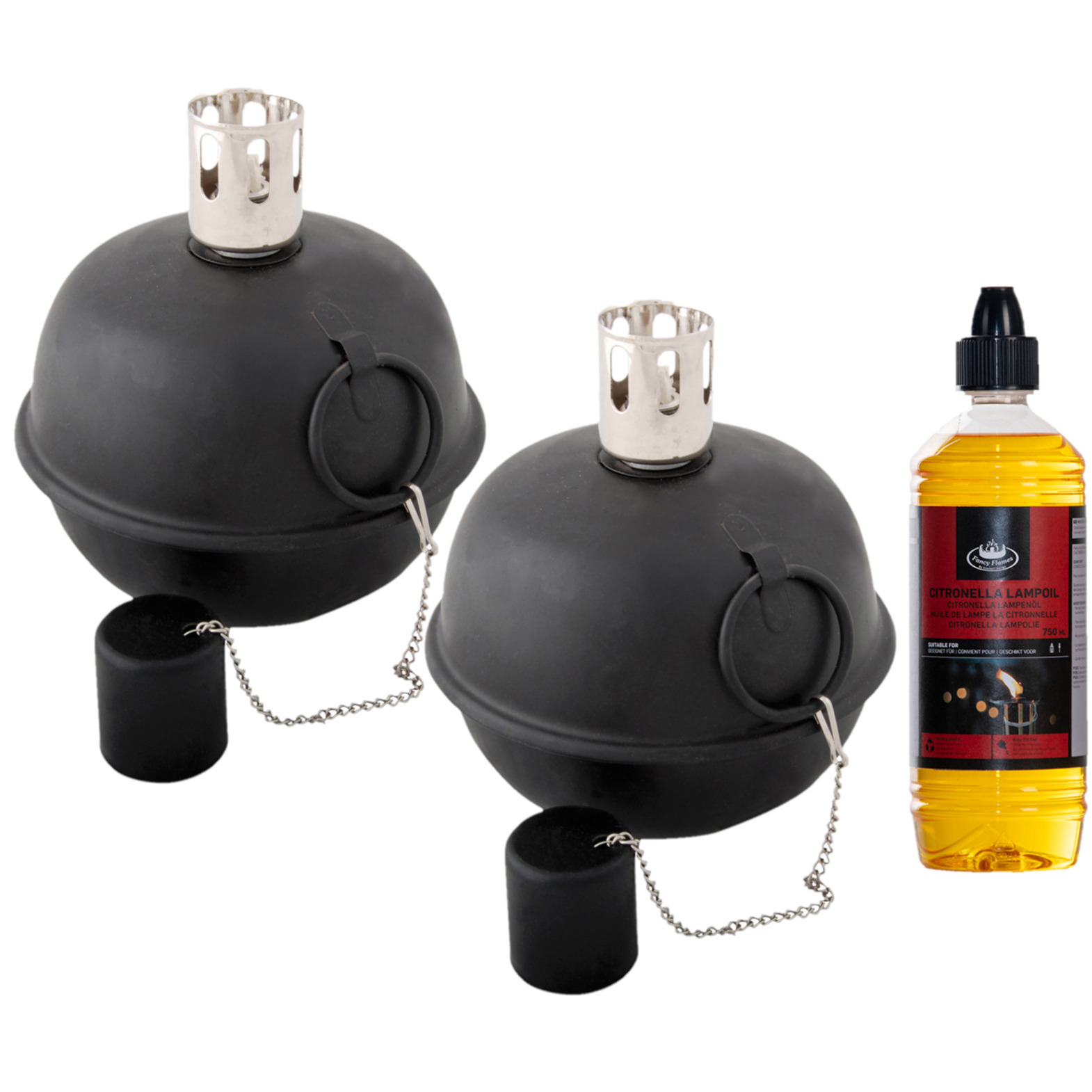 Tuimeltoorts/olielamp - zwart - 2x - met bio citronella lampenolie - citrusgeur -
