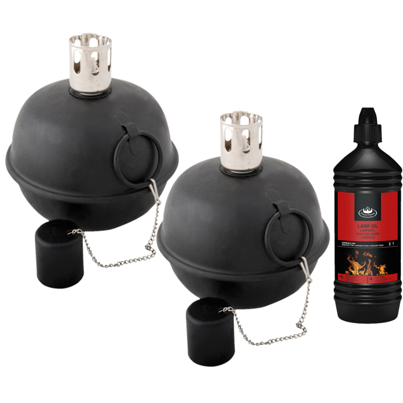 Set van 2x stuks tuimeltoorts/olielamp zwart met heldere lampenolie/fakkelolie -