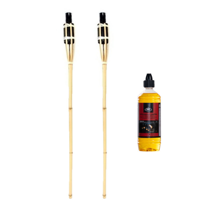 Bamboe tuinfakkel - 2x - 90 cm - inclusief bio citronella lampolie/fakkelolie 750 ml - citrusgeur -