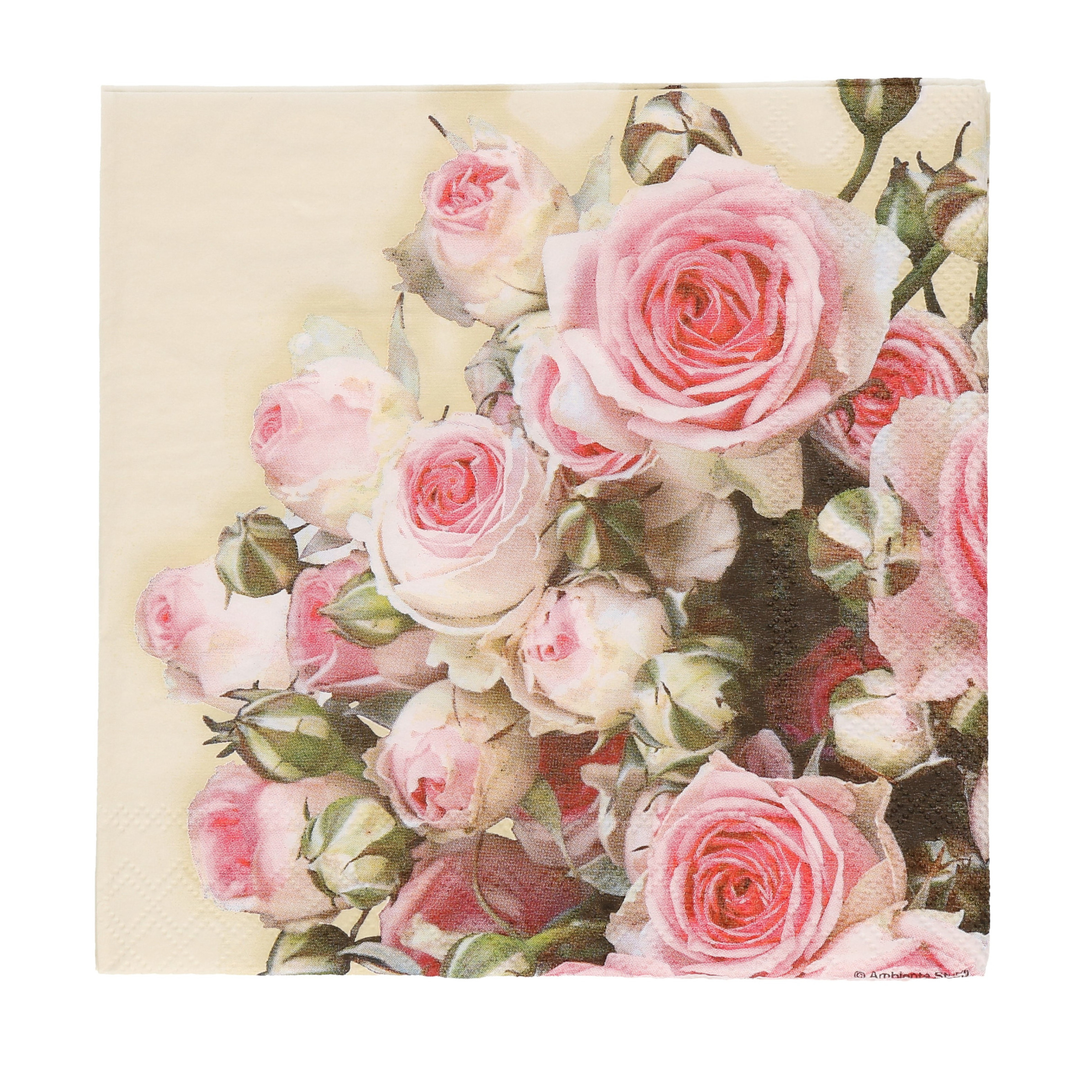 40x Geel met rozen/bloemen voorjaar servetten 33 x 33 cm -