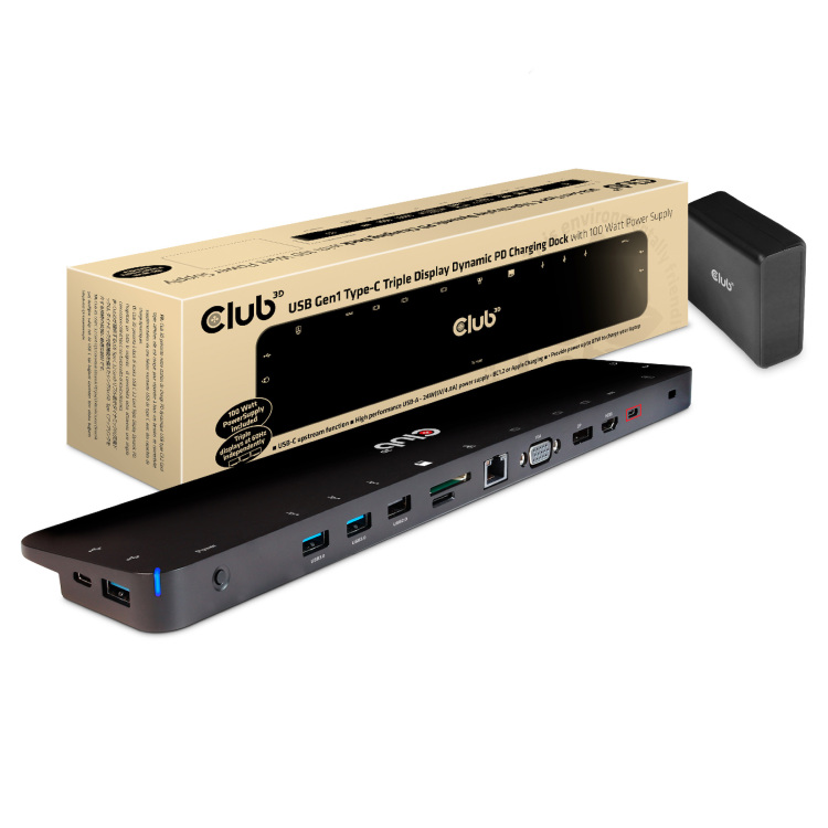 Club 3D USB-C 3.2 Gen1 Triple Display Dynamic PD Charging Dock 100W dockingstation