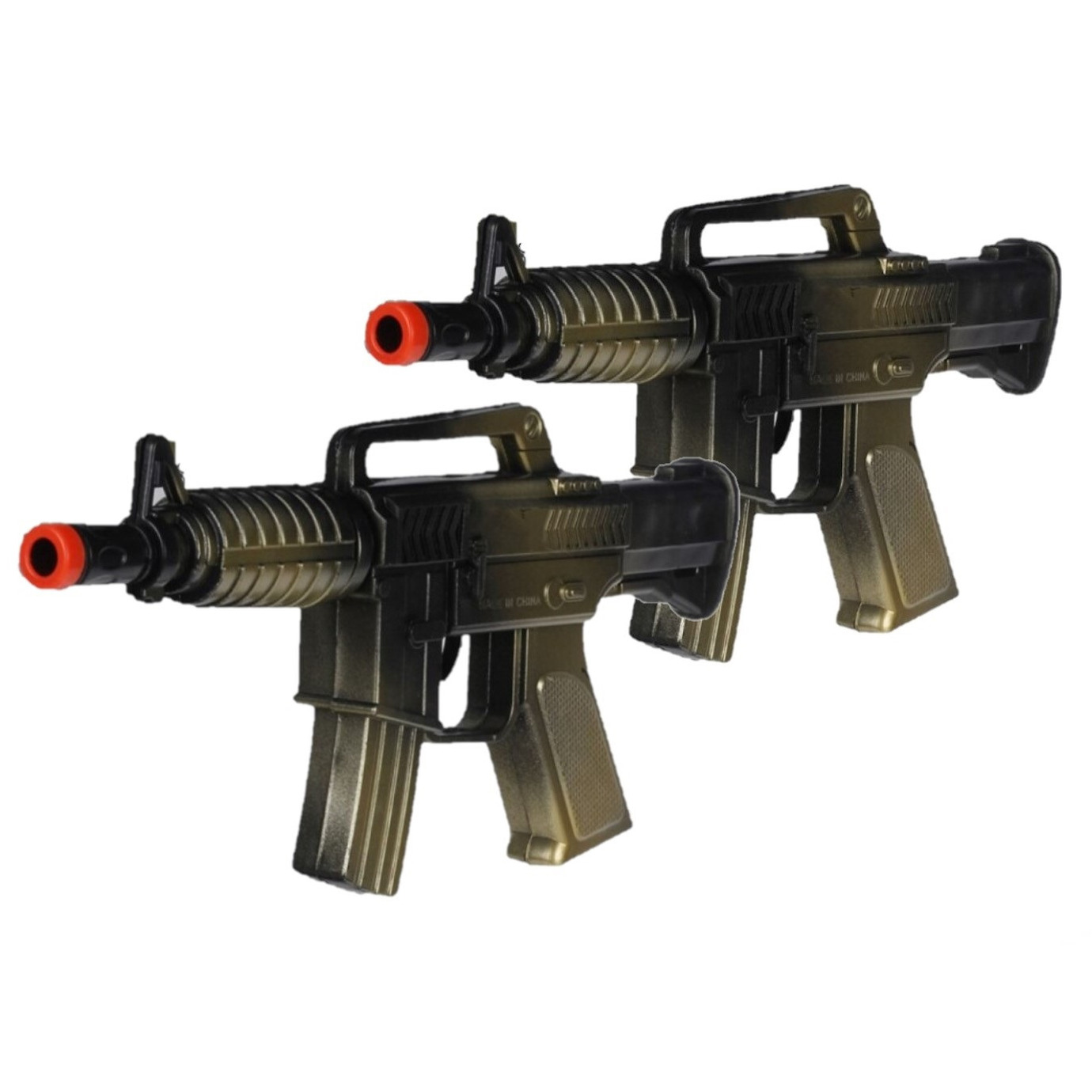 2x stuks kinder speelgoed verkleedwapens/machinegeweren soldaten/leger met geluid 27 cm -