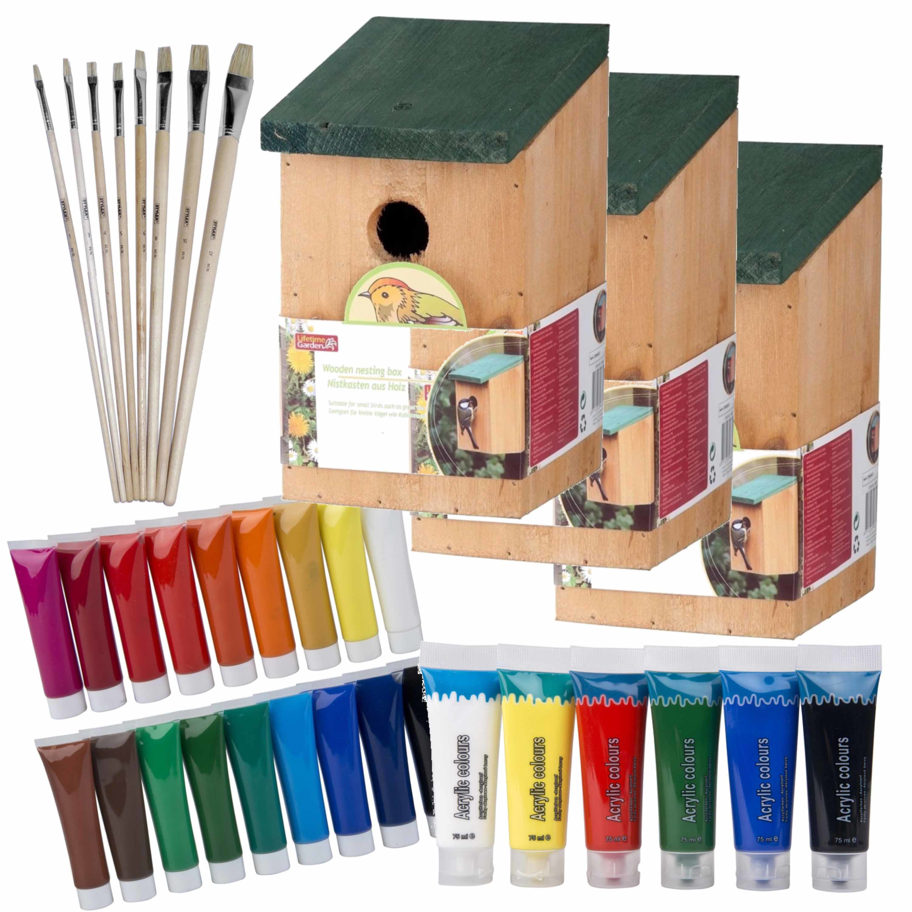 10x stuks houten vogelhuisje/nestkastje 22 cm - Zelf schilderen pakket - verf/kwasten -
